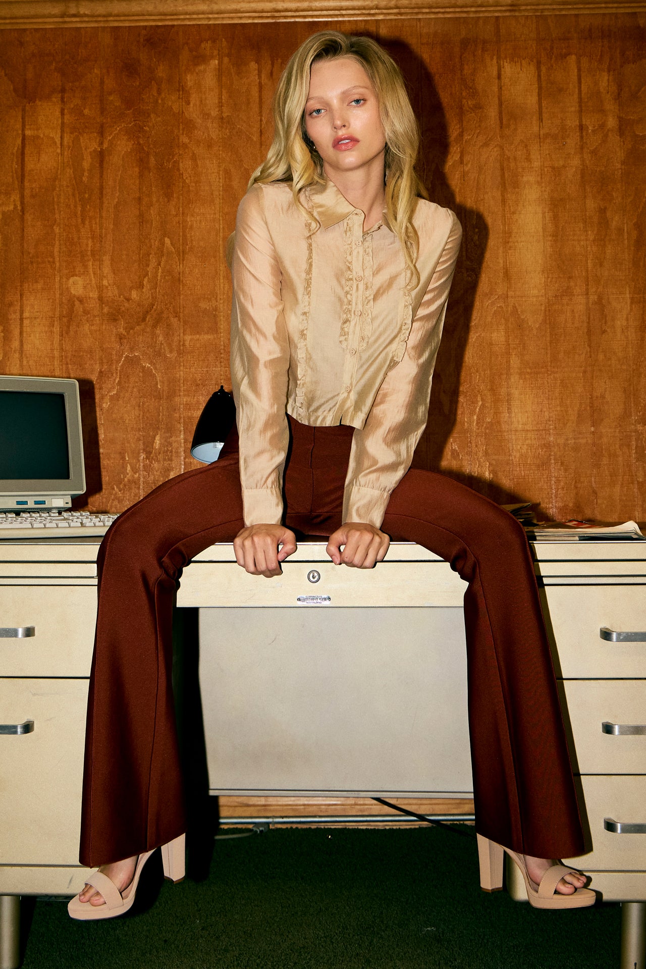 Woven Sheer Tuxedo Shirt With Ruffles