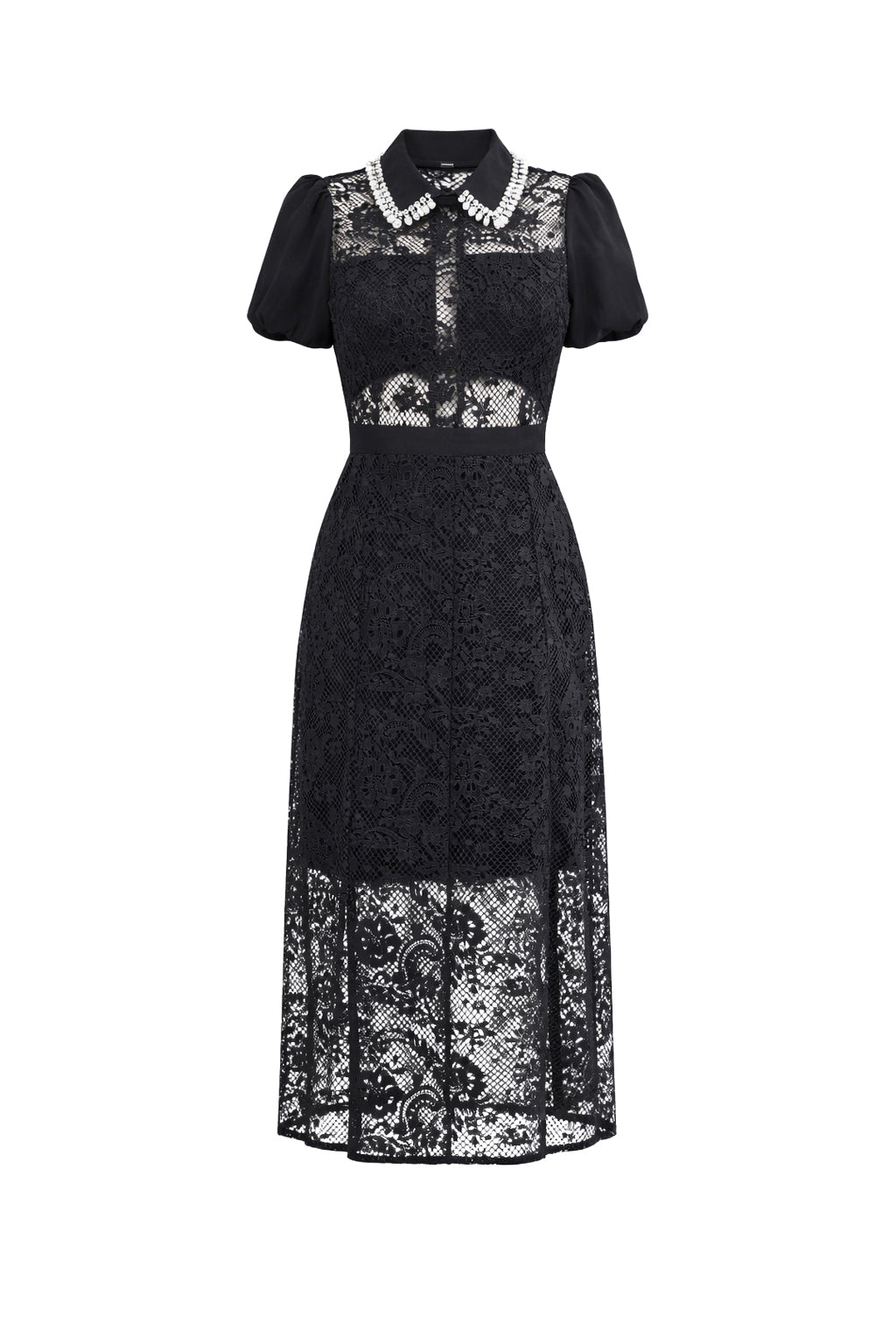 Woven Lace Short Sleeve Midi Dress With Crystal Embellishment