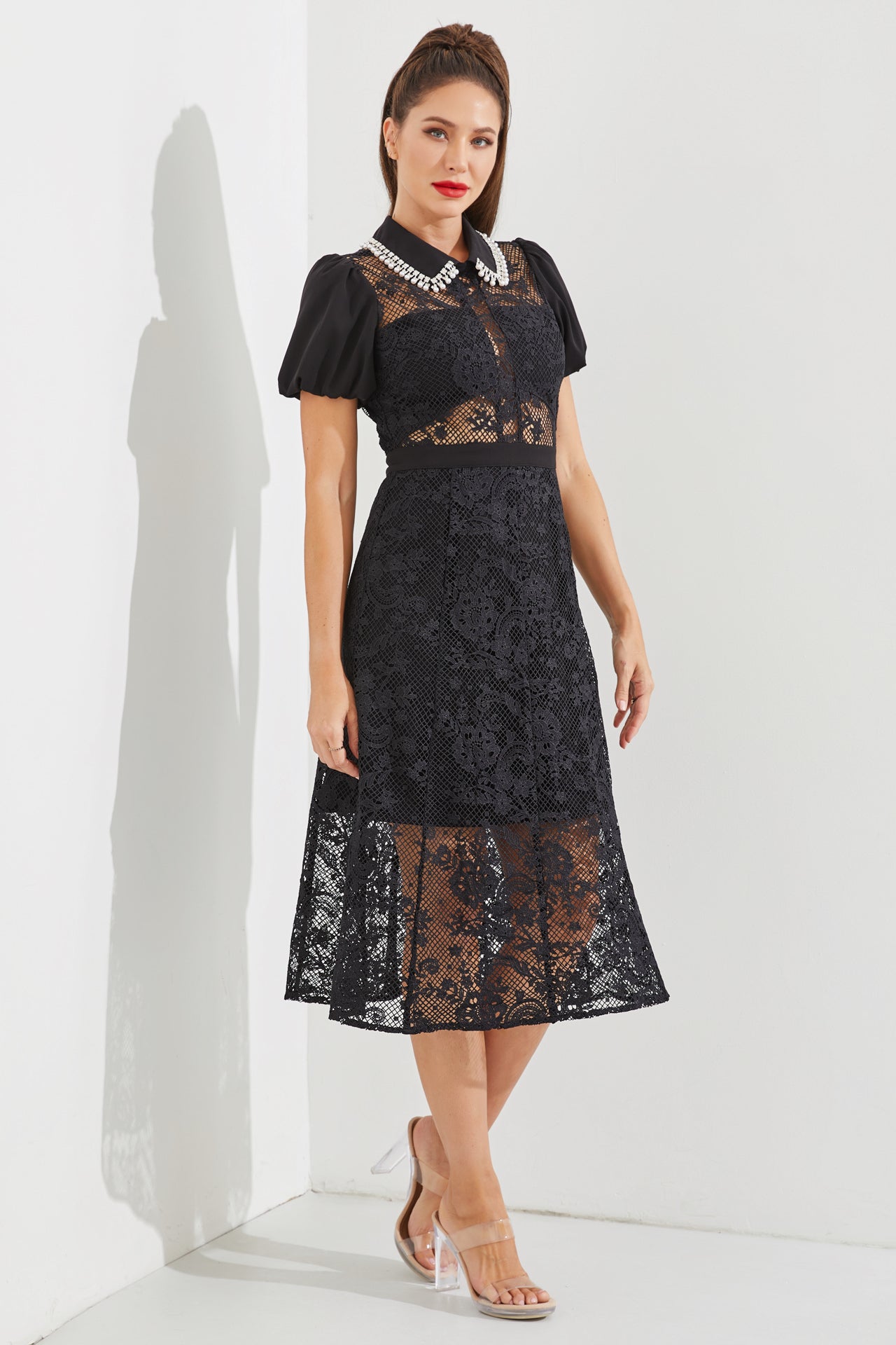 Woven Lace Short Sleeve Midi Dress With Crystal Embellishment
