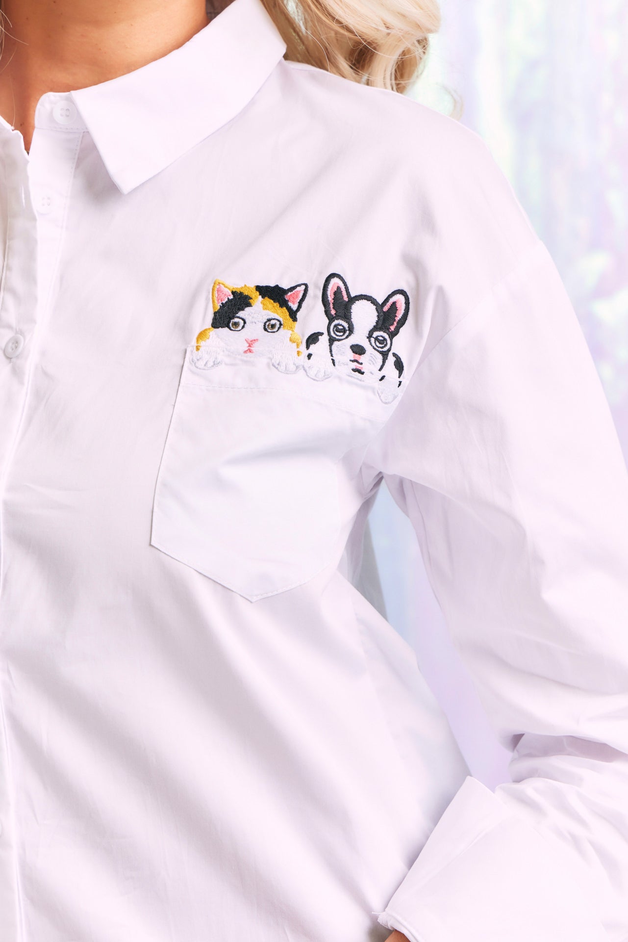 Woven Shirt with Kitten & Puppy Embroidery