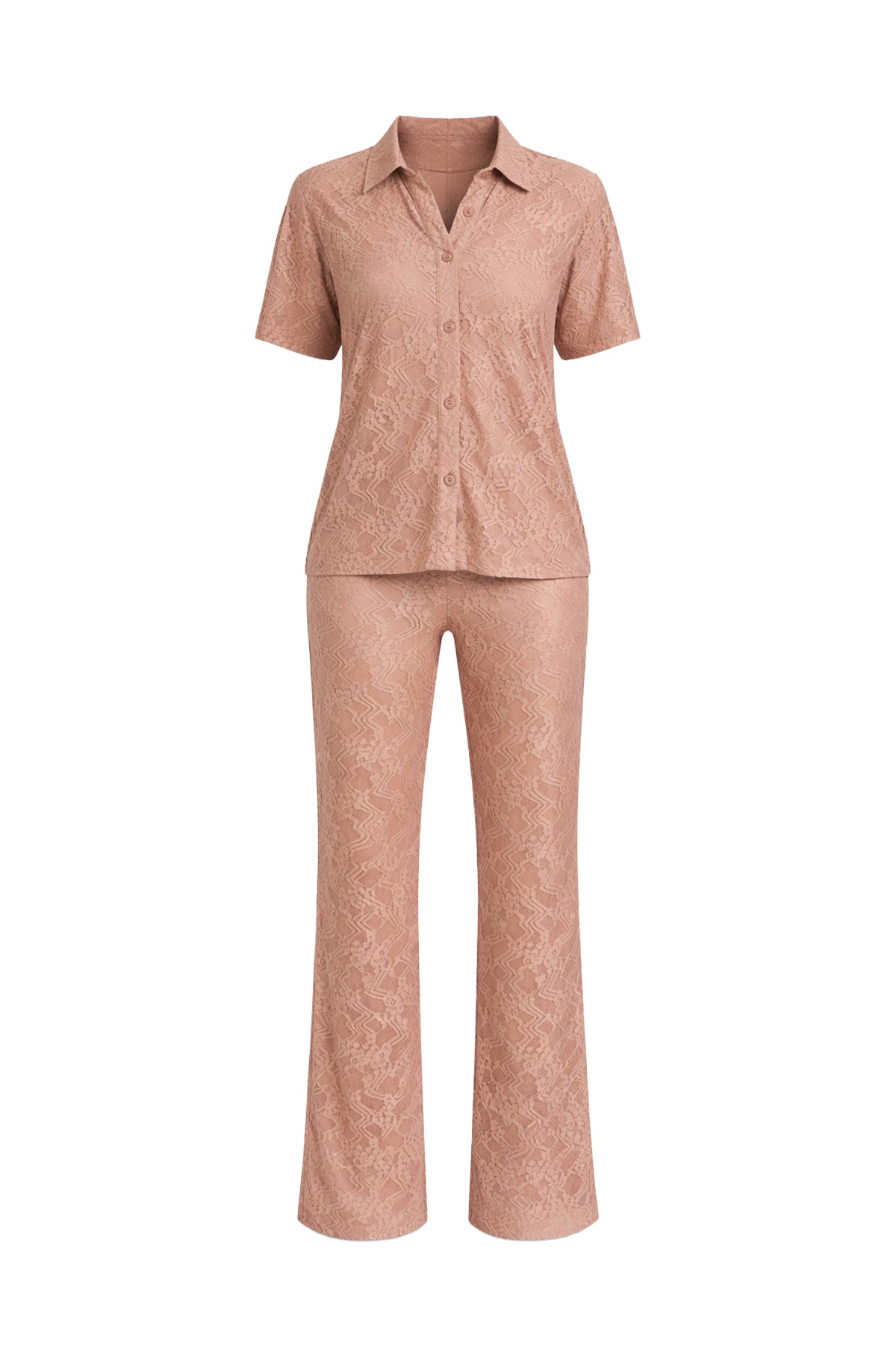 Stretch Lace Short Sleeve Button Down Top