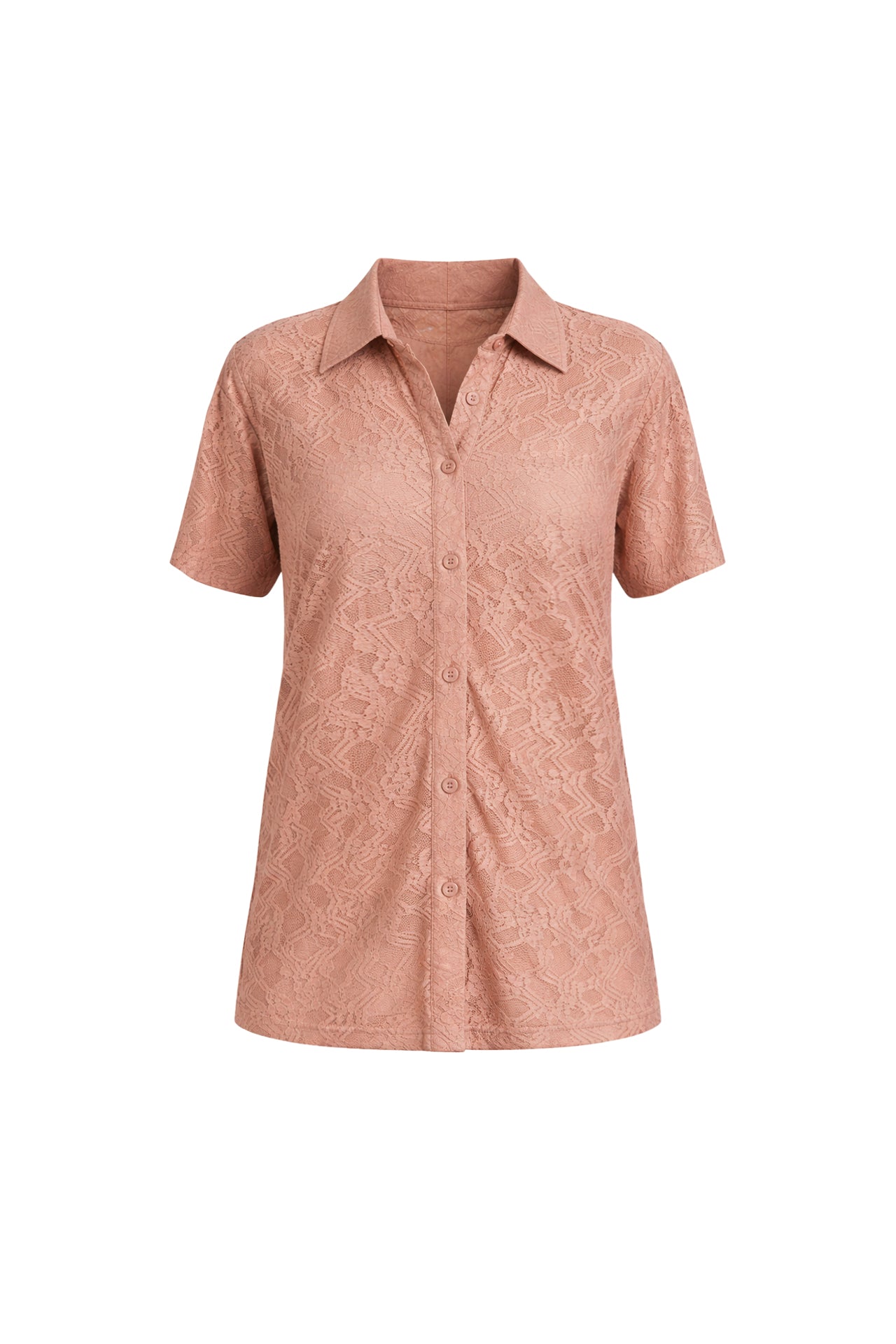 Stretch Lace Short Sleeve Button Down Top