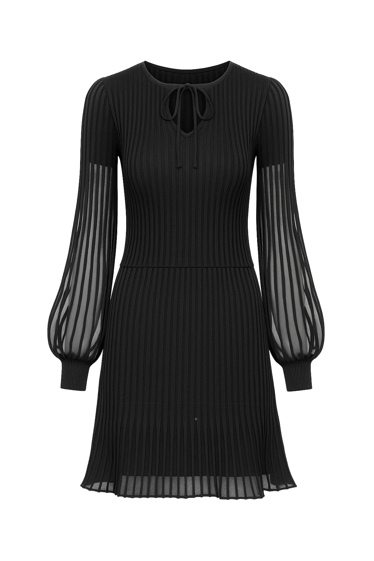 Puff & Mesh Rib Knit Long Pleated Sleeve Top & Mini Skirt Set