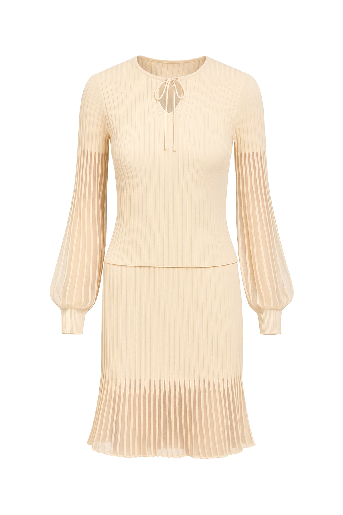 Puff & Mesh Rib Knit Long Pleated Sleeve Top & Mini Skirt Set