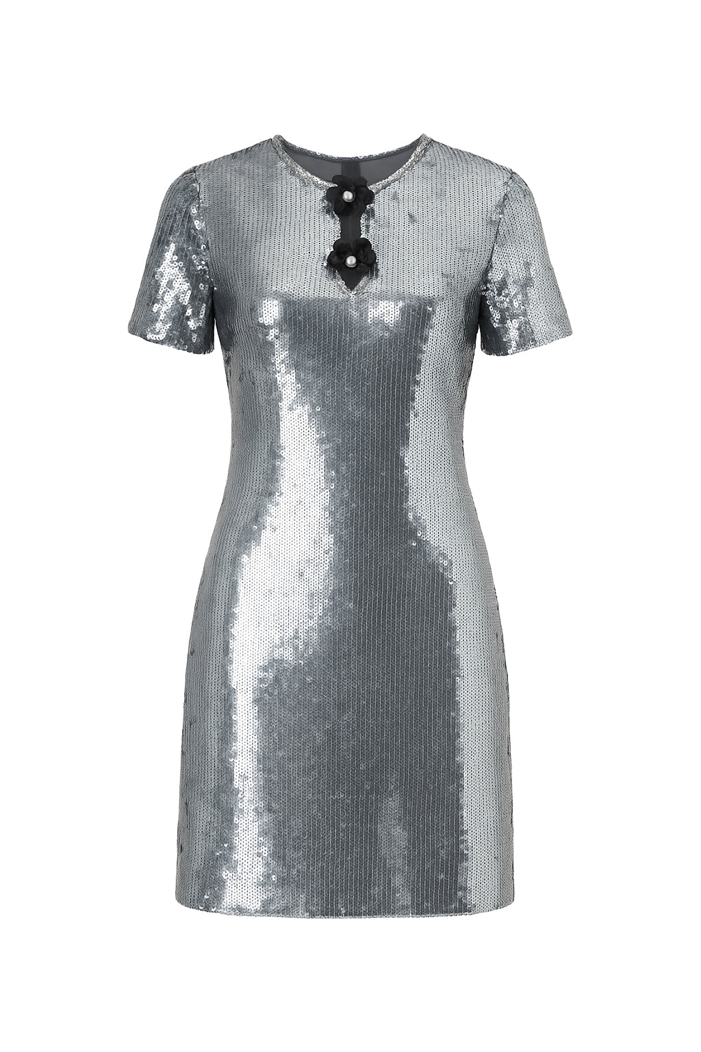 Loretta Sequin Short Sleeve Mini Dress with Flower Trim