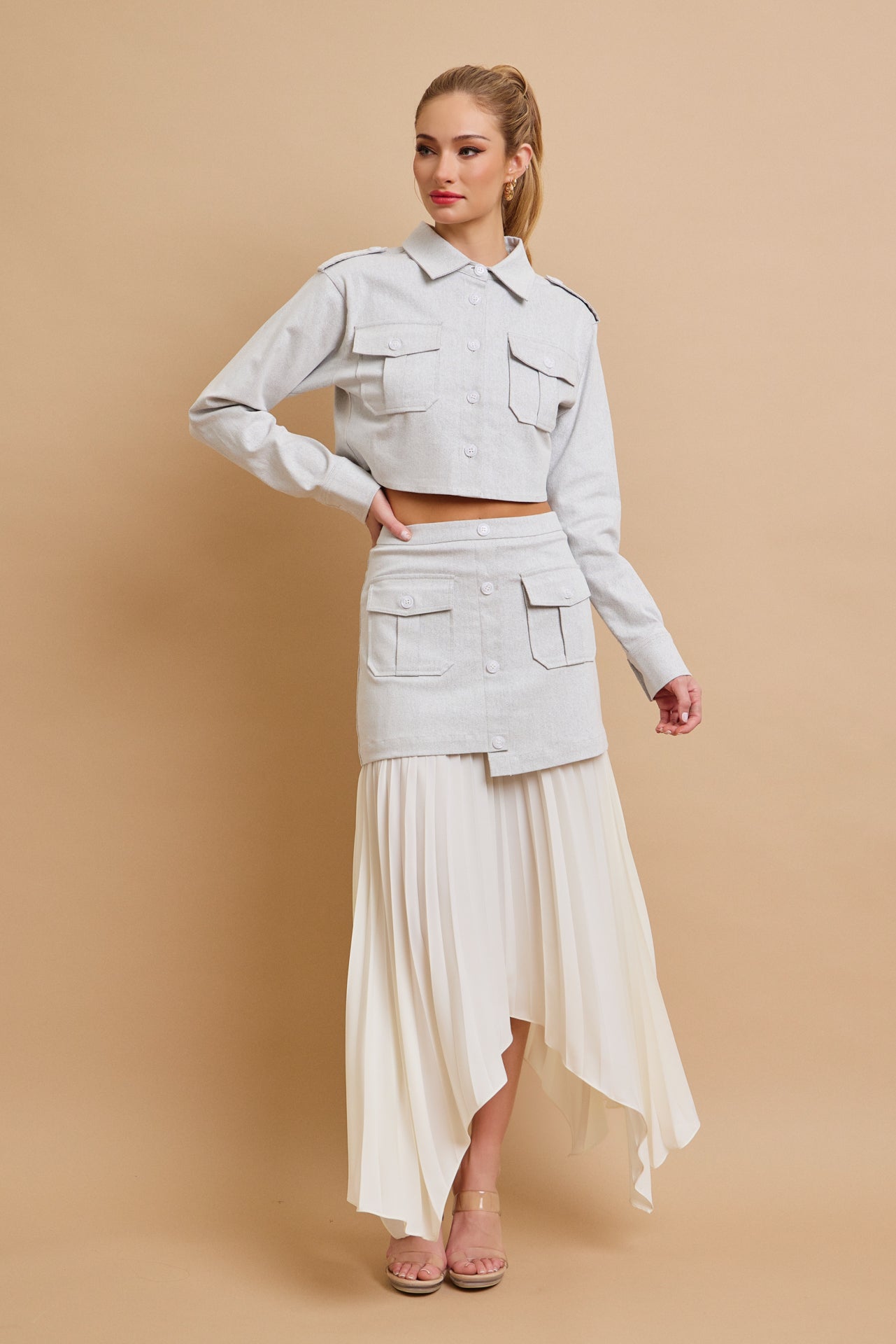 Day Trip Woven Button Down Asymmetrical Hem Pleated Skirt