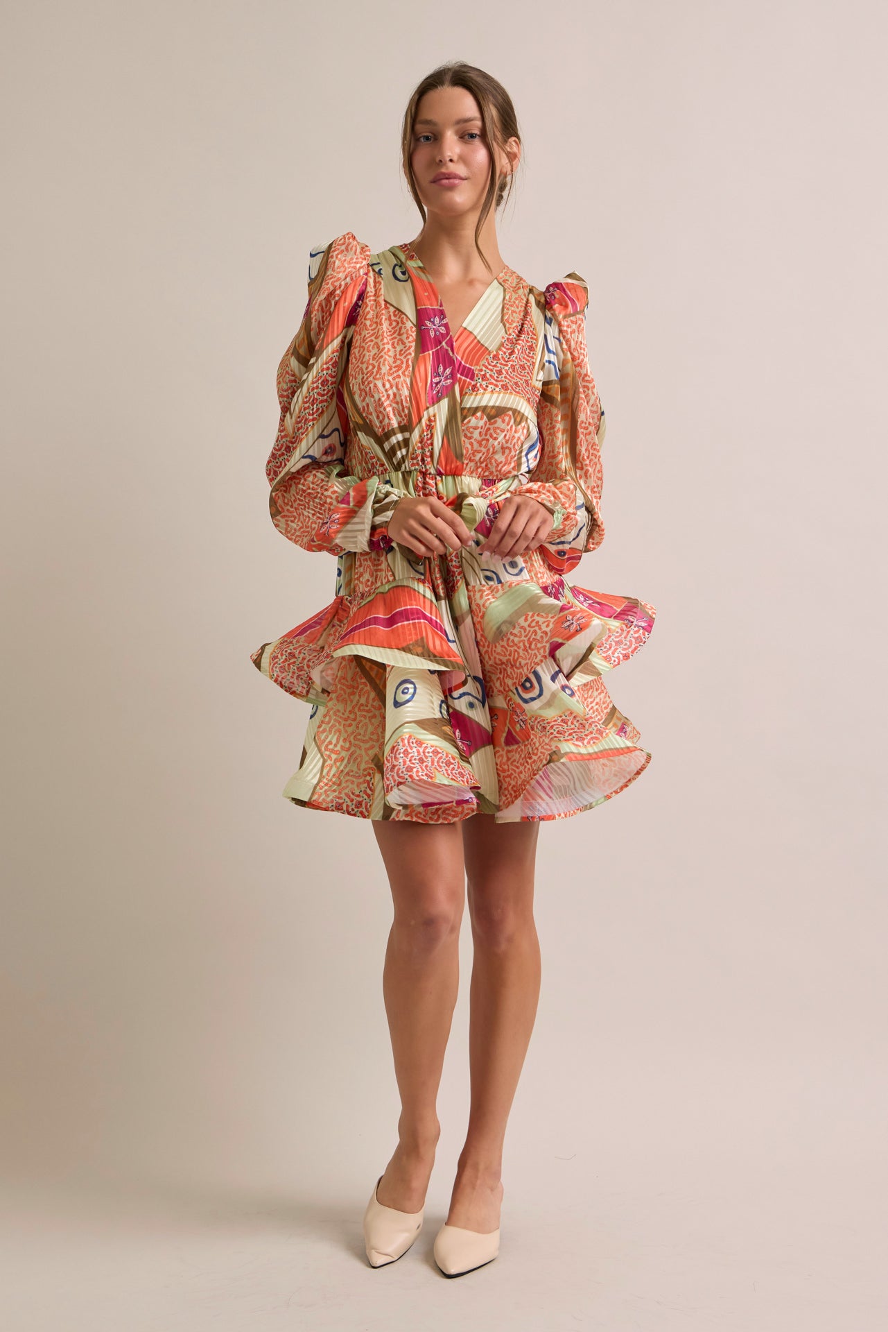 Puff Sleeve Dreamscape Tiered Flare Dress
