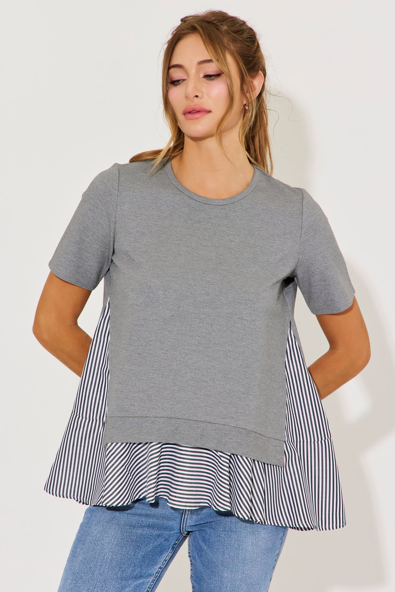 Penelope Short Sleeve Top With Stripe Contrast