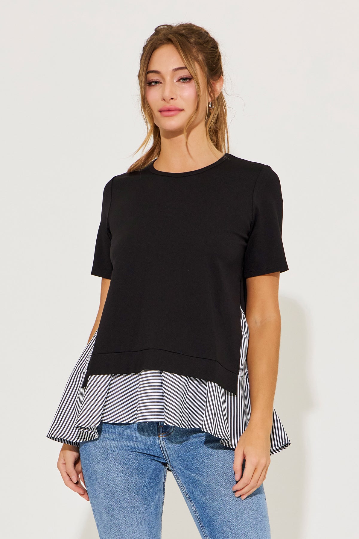 Penelope Short Sleeve Top With Stripe Contrast