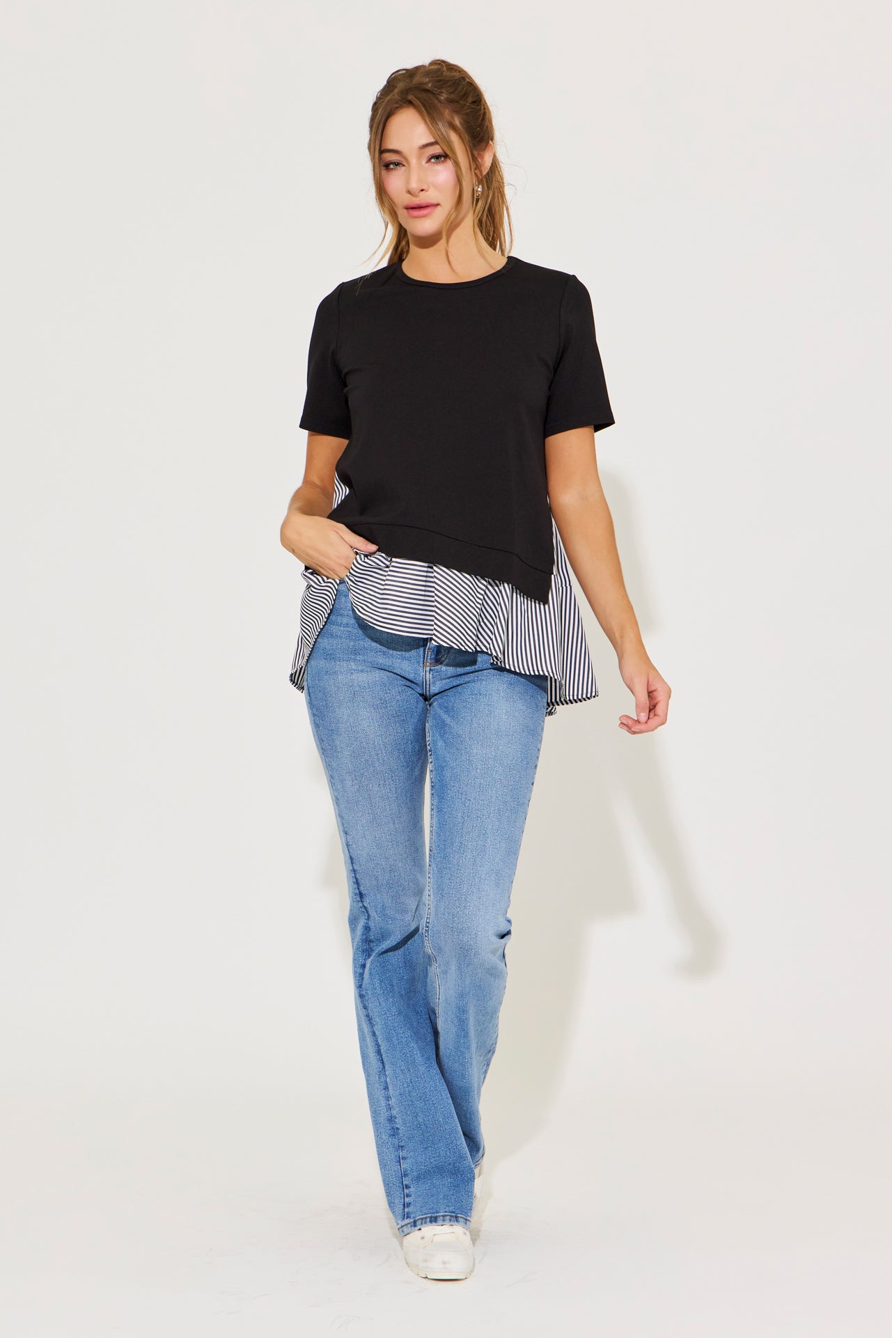 Penelope Short Sleeve Top With Stripe Contrast
