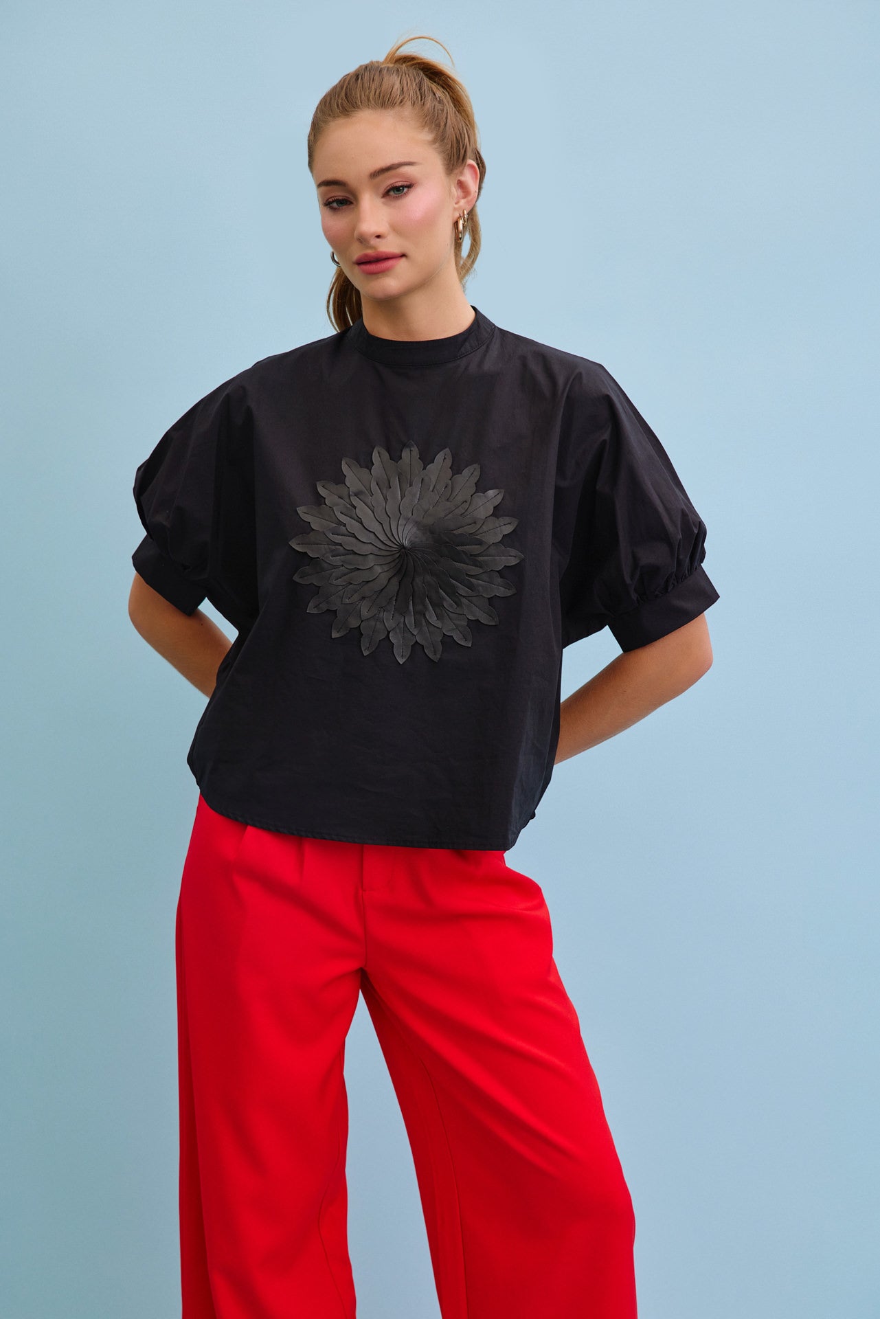 Aurielle Woven Short Sleeve With Pu Patch