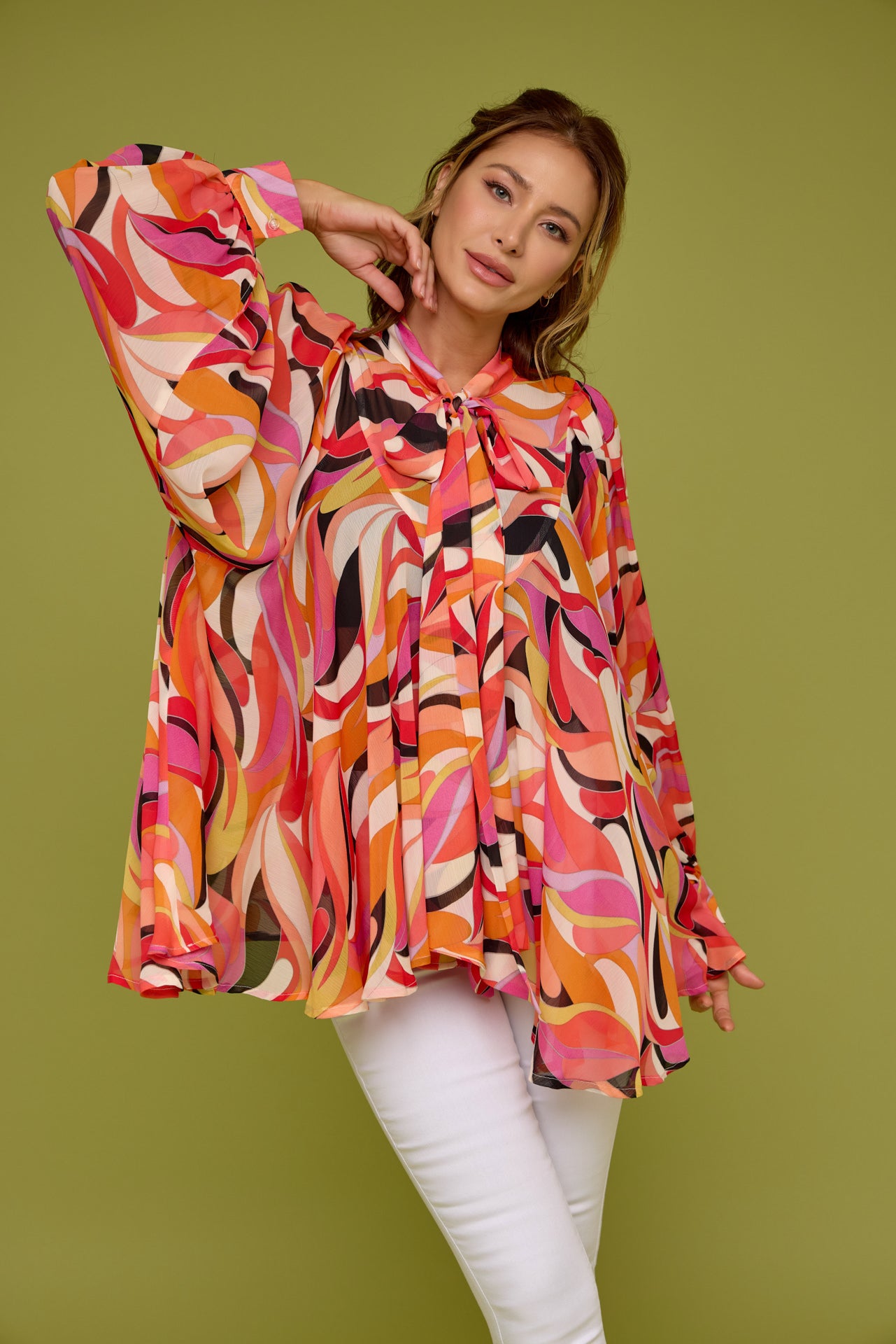 Neck Tied Front Long Sleeve Top