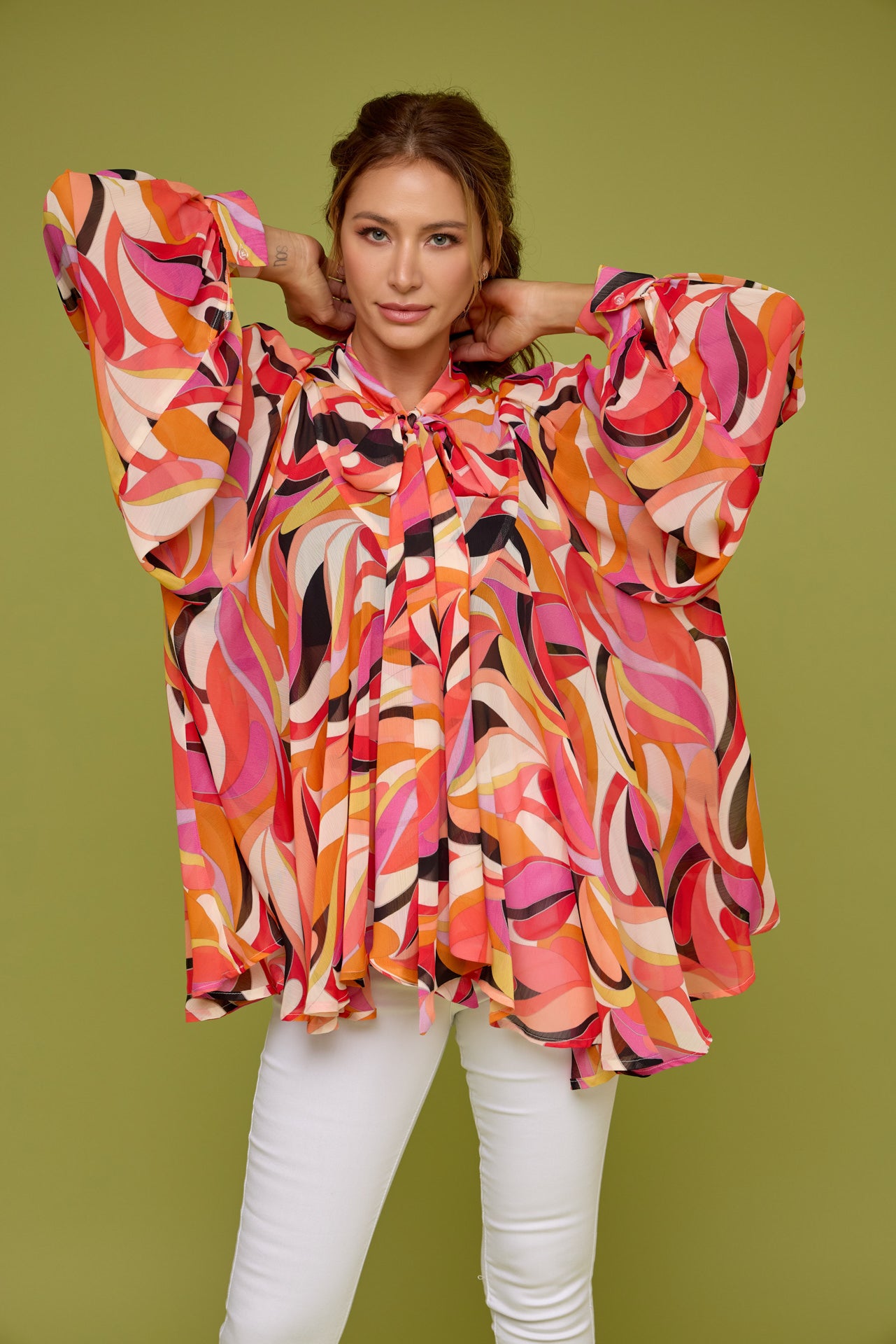Neck Tied Front Long Sleeve Top
