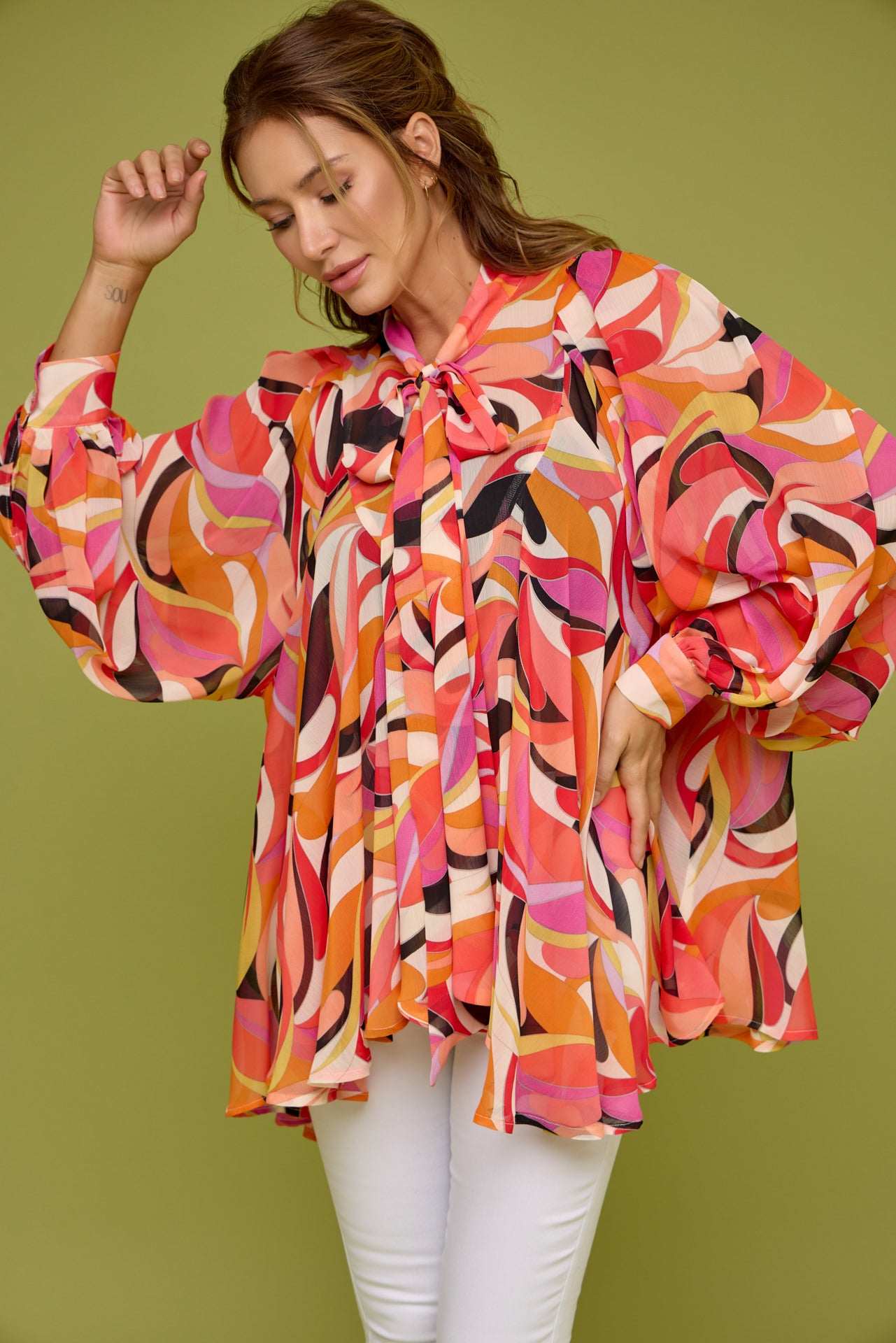 Neck Tied Front Long Sleeve Top