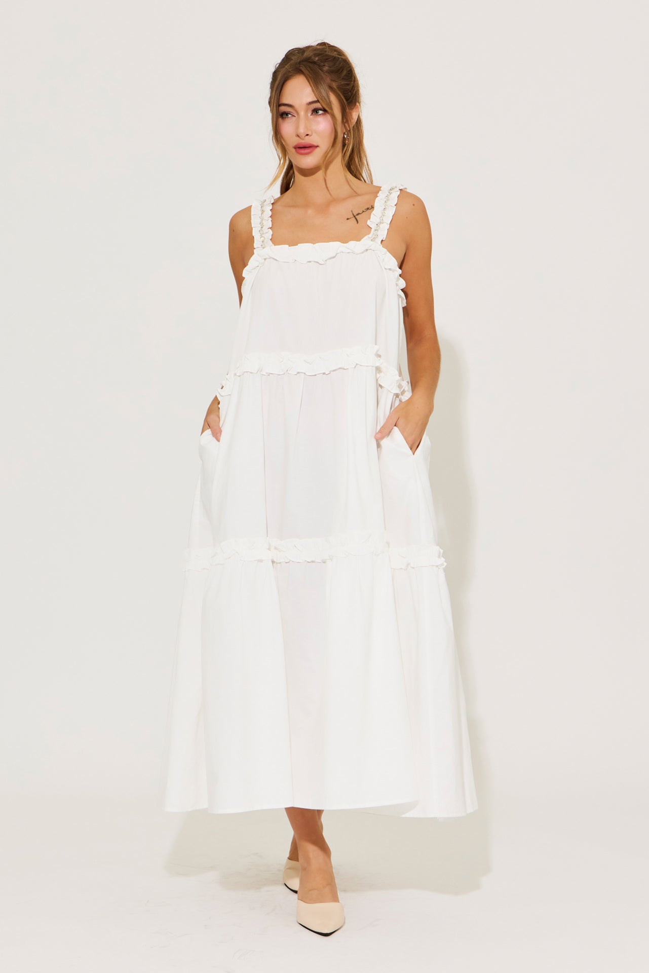 Ethereal Ruffle Elegance Dress With Rhinestone Detail