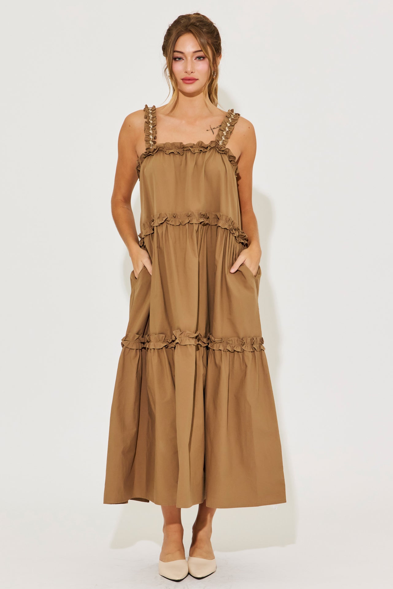 Ethereal Ruffle Elegance Dress With Rhinestone Detail