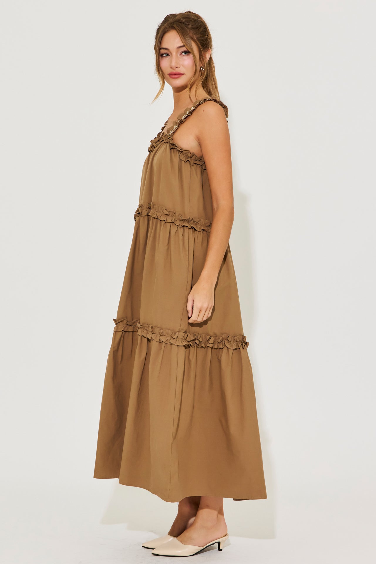 Ethereal Ruffle Elegance Dress With Rhinestone Detail