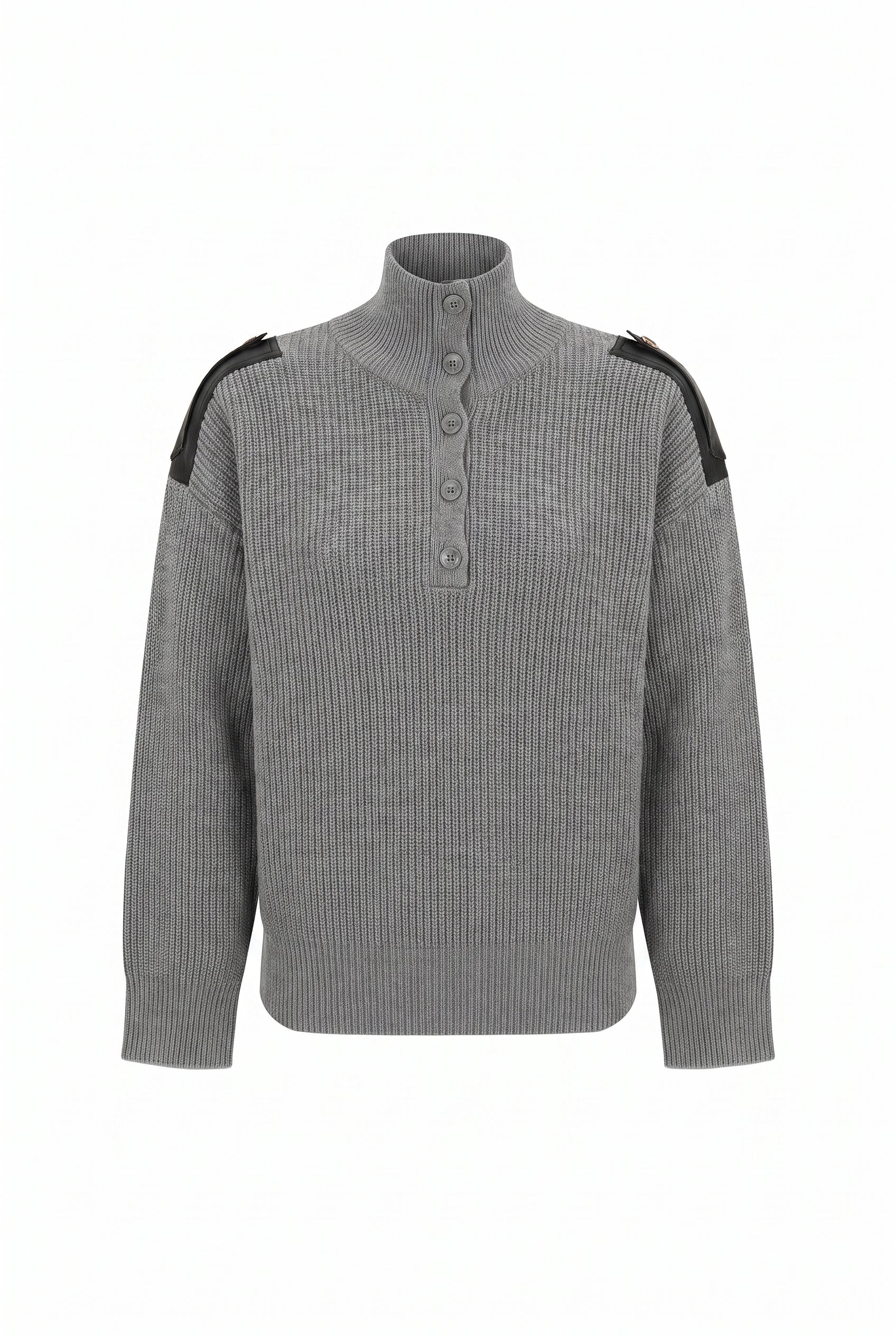 Leather Trimmed Ribbed Sweater