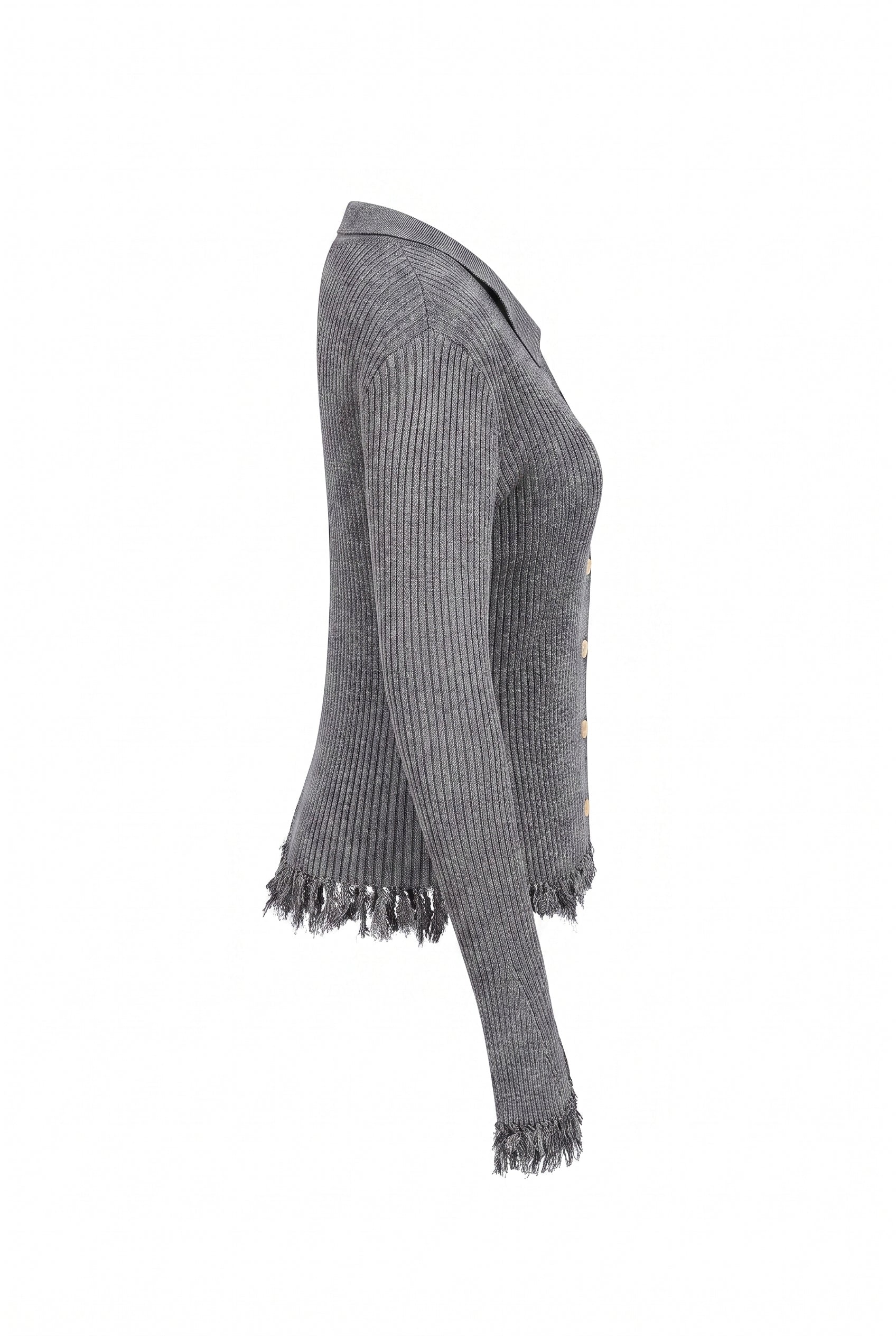 Knit Long Sleeve Top with Collar and Fringe Detail