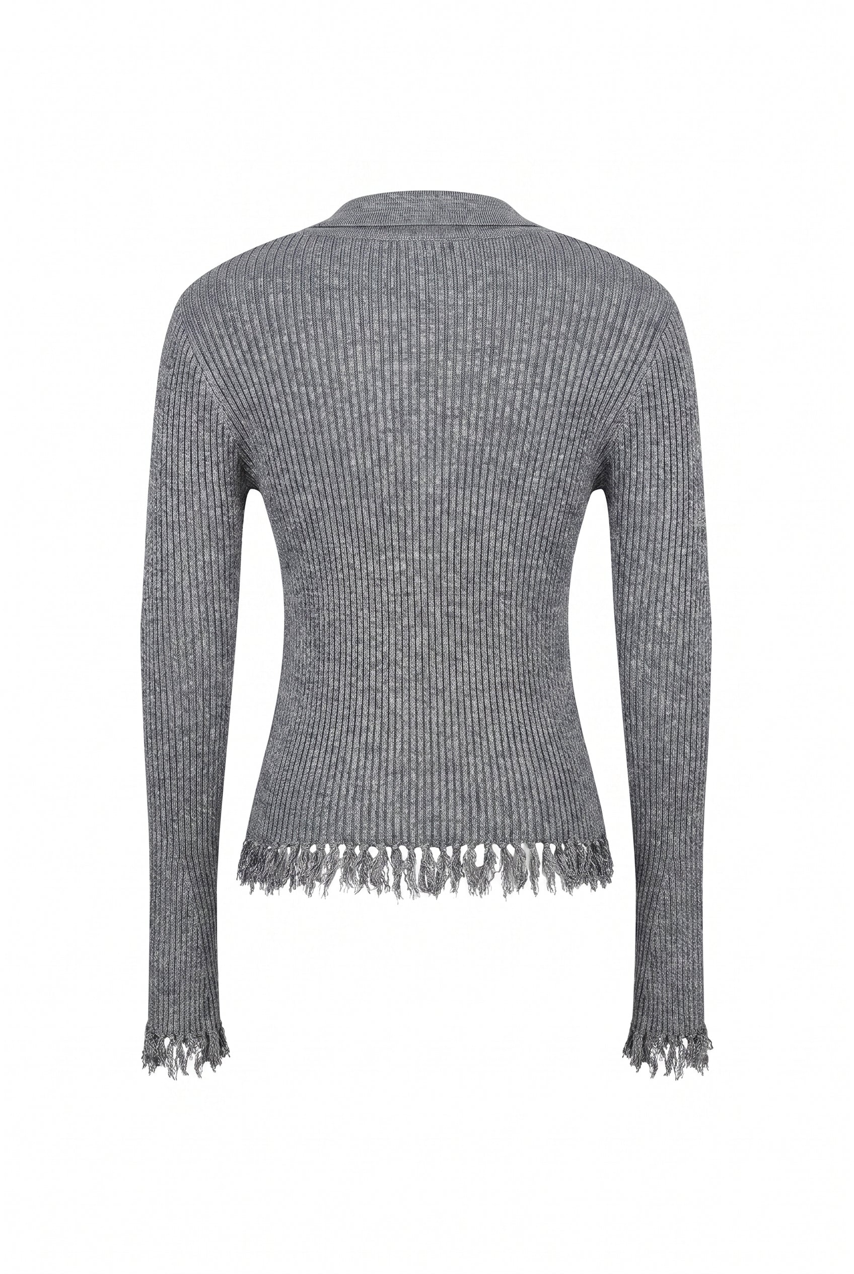 Knit Long Sleeve Top with Collar and Fringe Detail