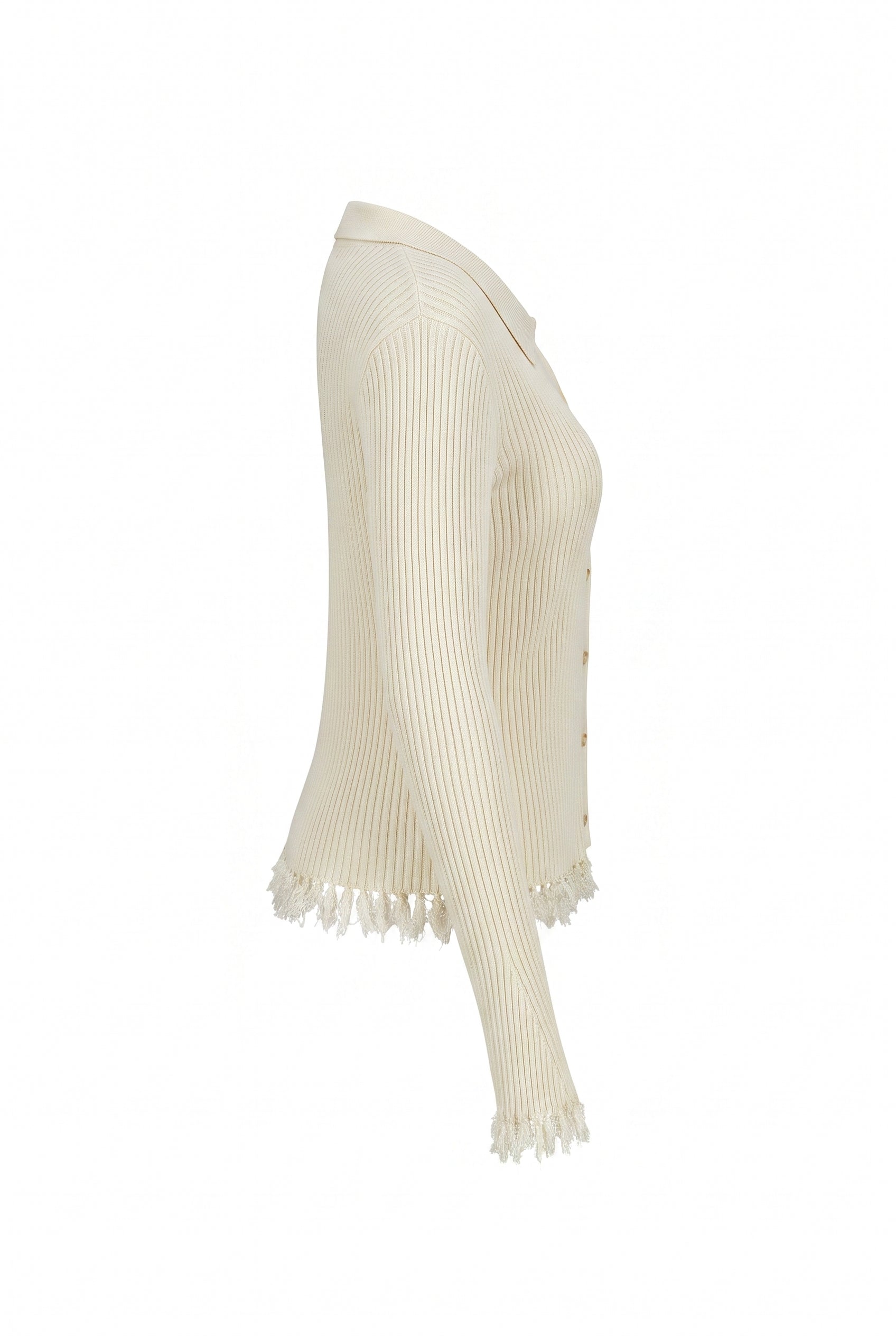 Knit Long Sleeve Top with Collar and Fringe Detail