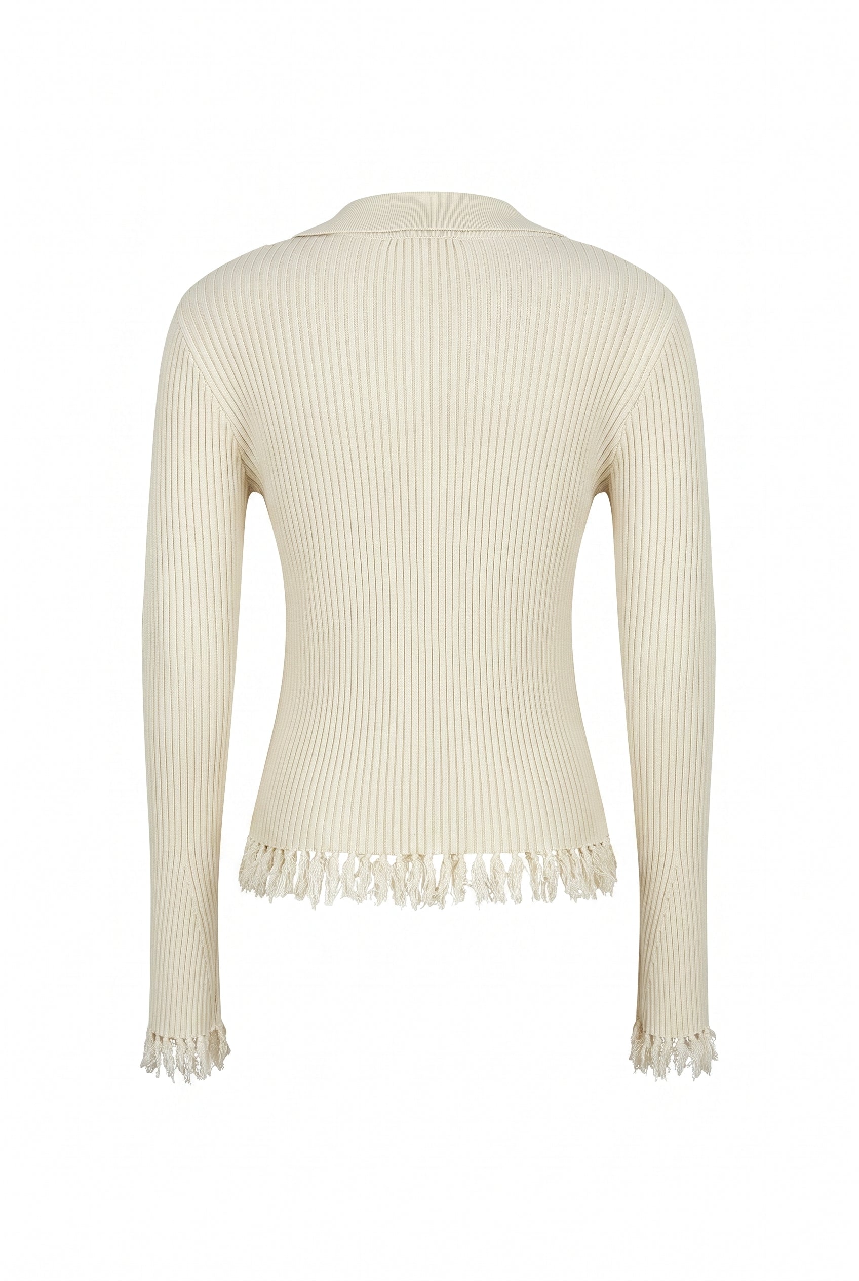 Knit Long Sleeve Top with Collar and Fringe Detail