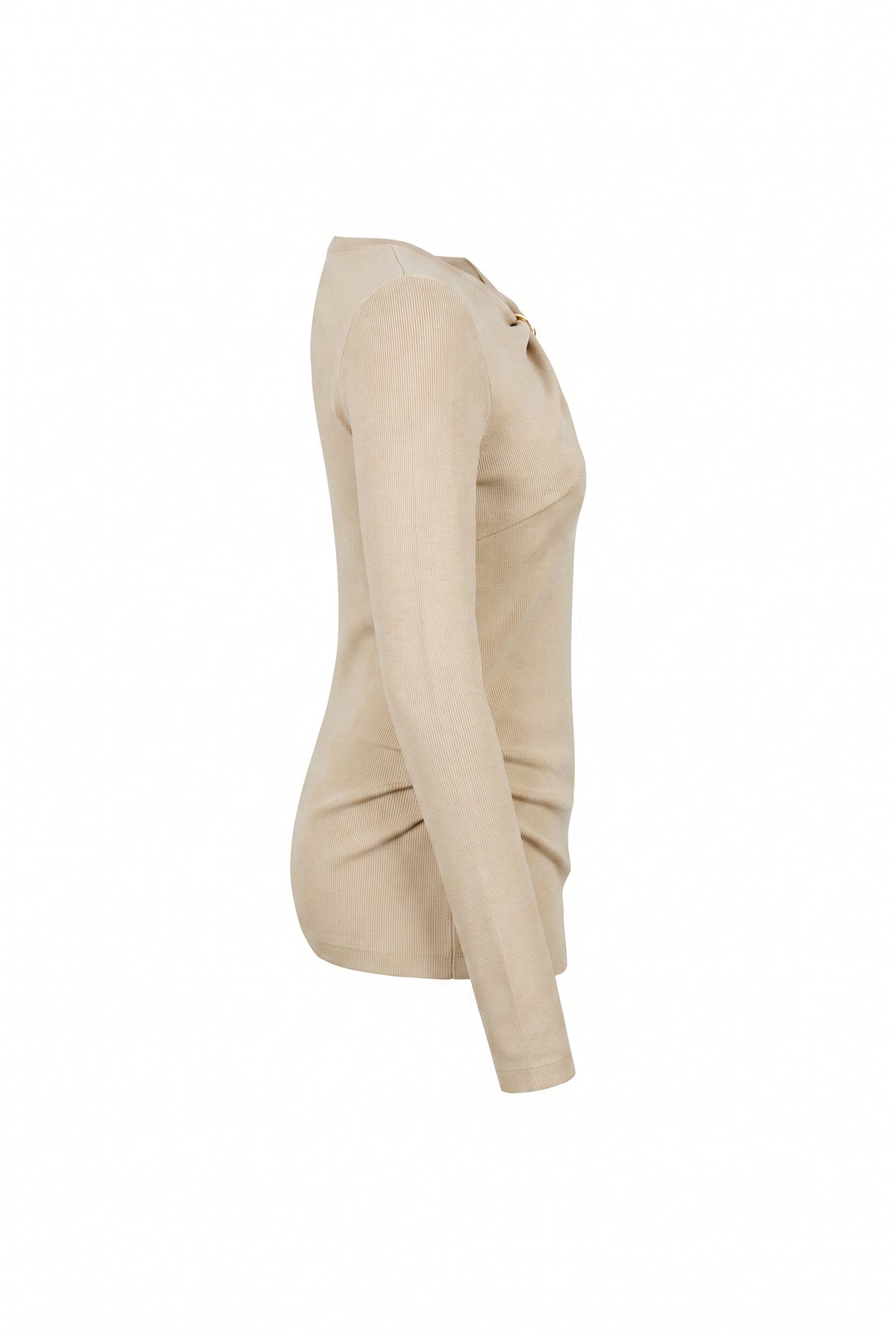 Knit Long Sleeve Top With Asymmetric Neck line And Gold Trim