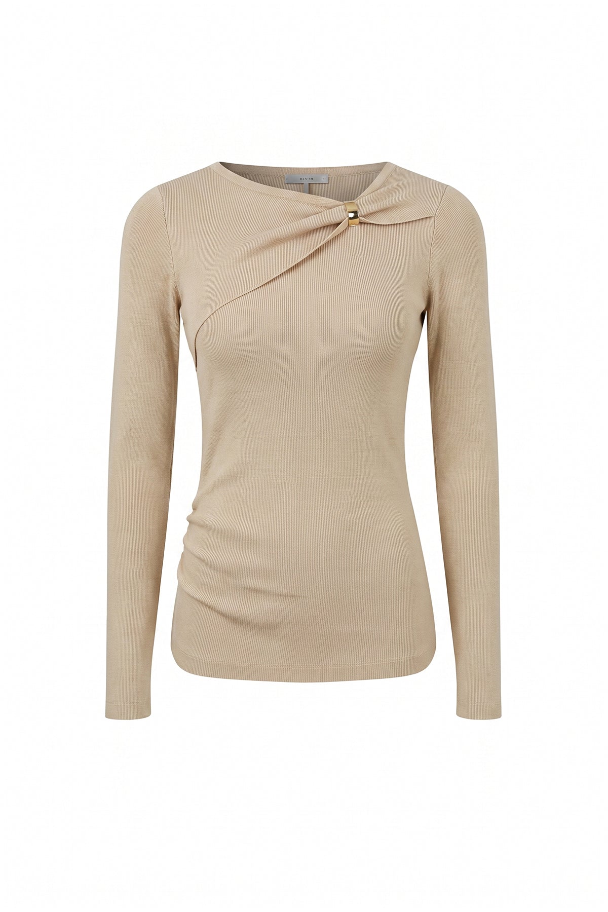 Knit Long Sleeve Top With Asymmetric Neck line And Gold Trim