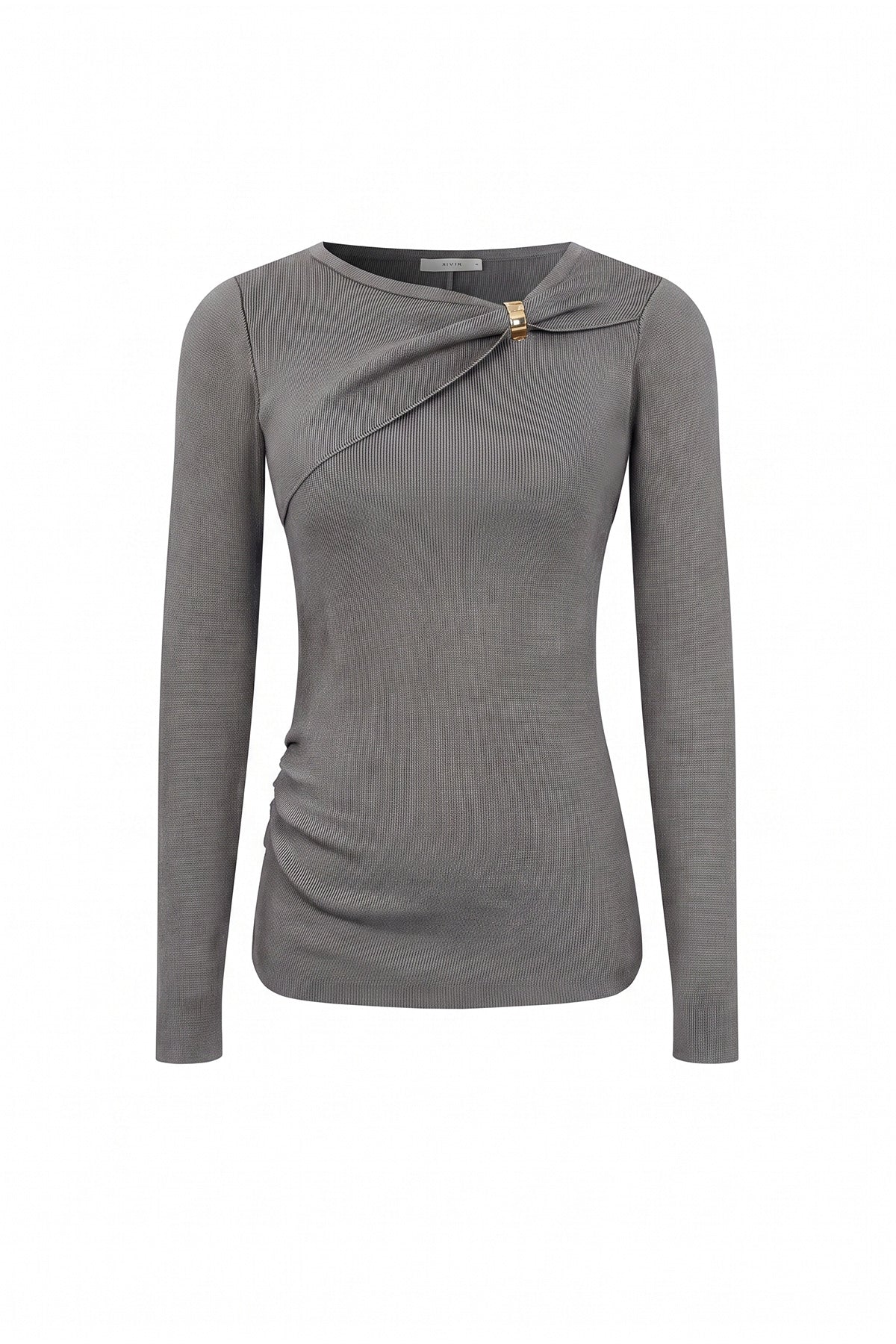 Knit Long Sleeve Top With Asymmetric Neck line And Gold Trim