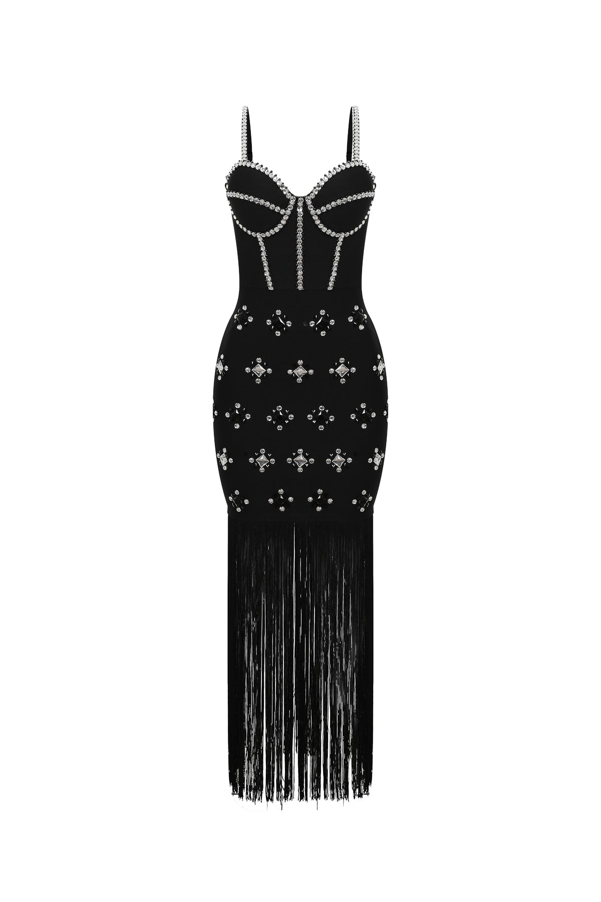 Fringe & Embellished Rhinestone Bandage Maxi Muse Dress