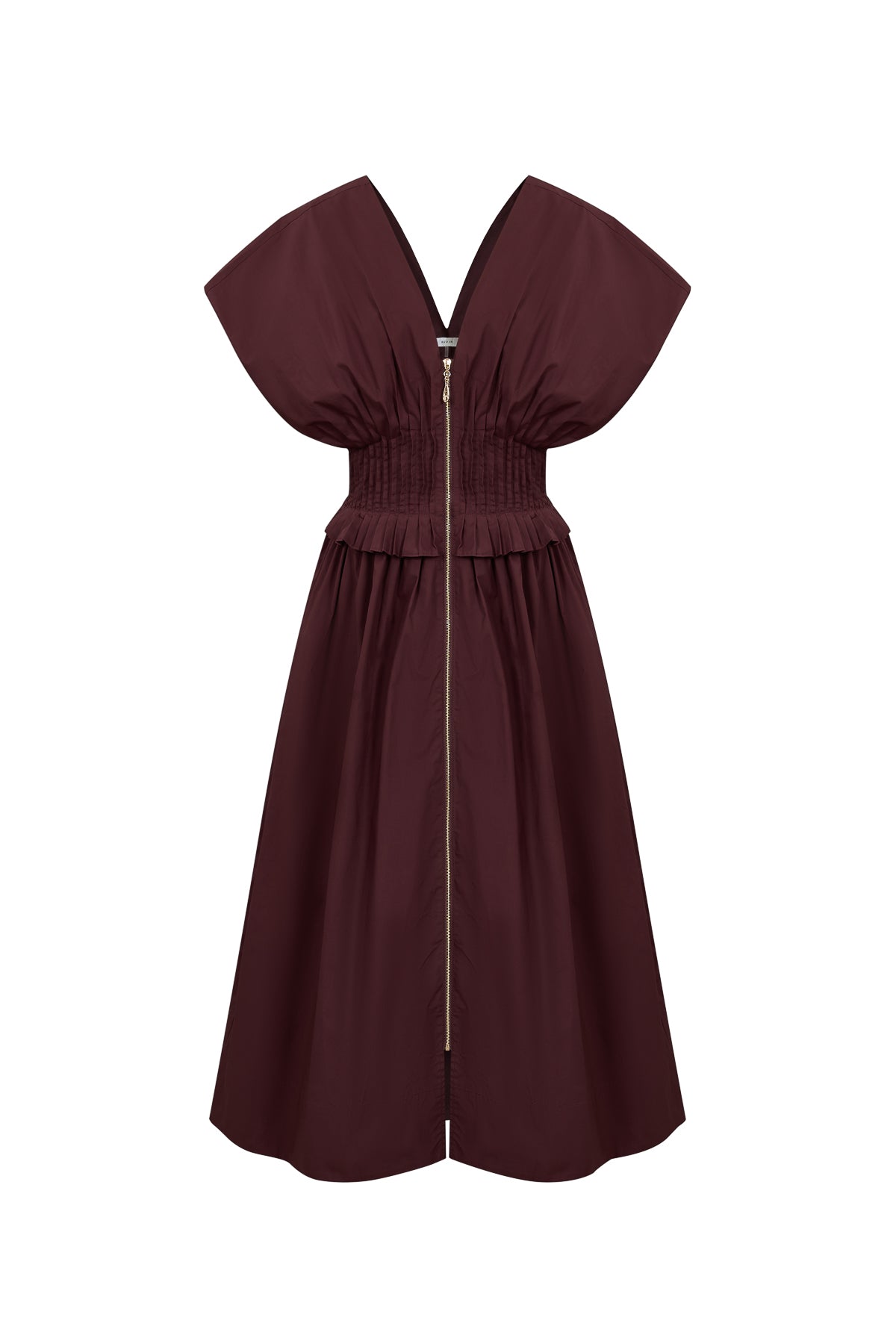 V Neck Zip Front Solid Poplin Midi Dress