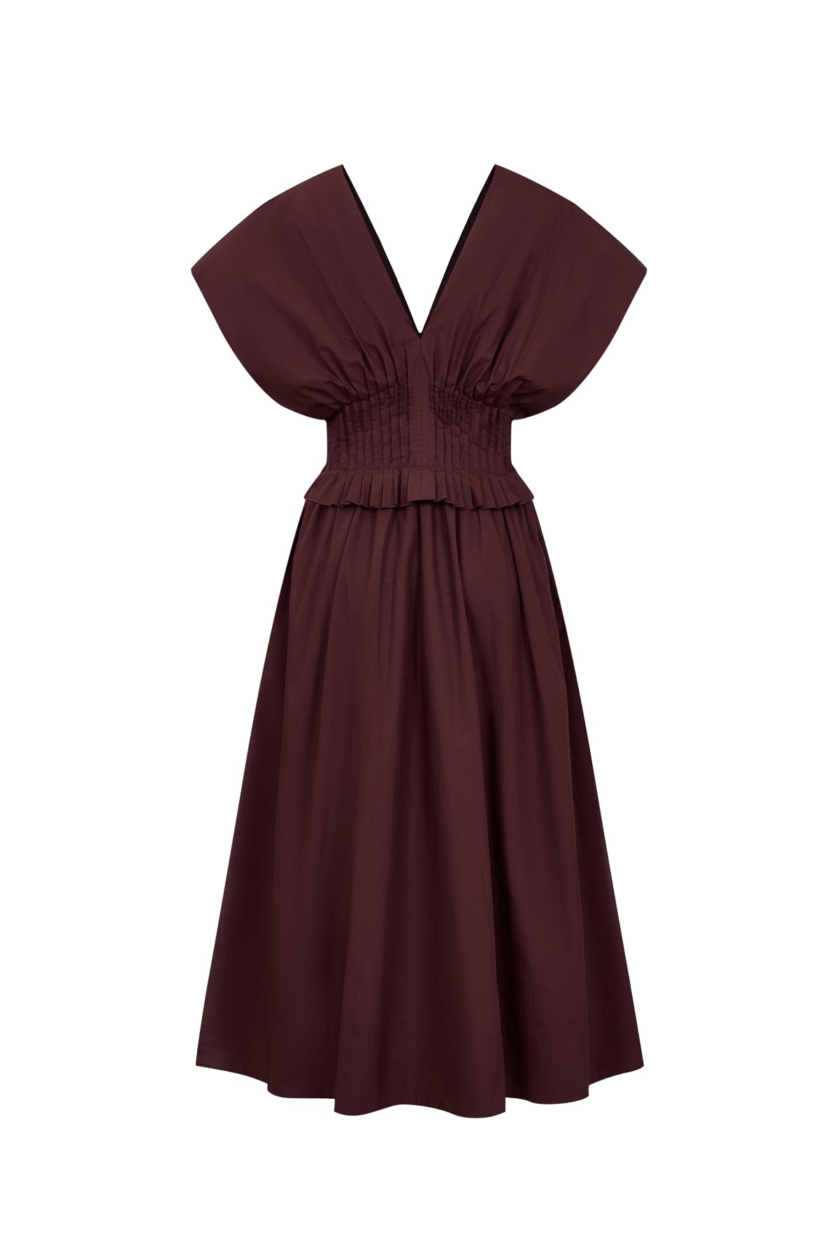 V Neck Zip Front Solid Poplin Midi Dress