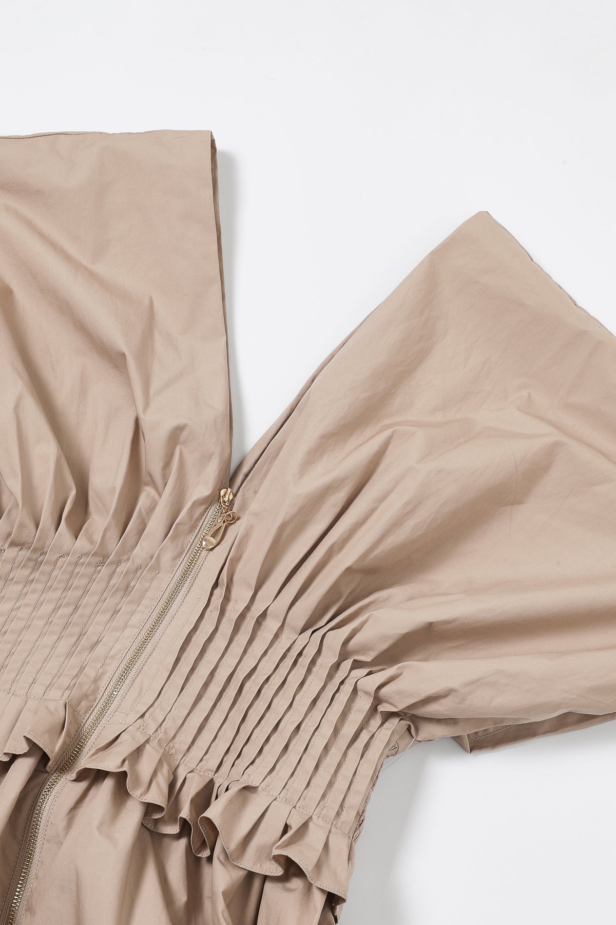 V Neck Zip Front Solid Poplin Midi Dress