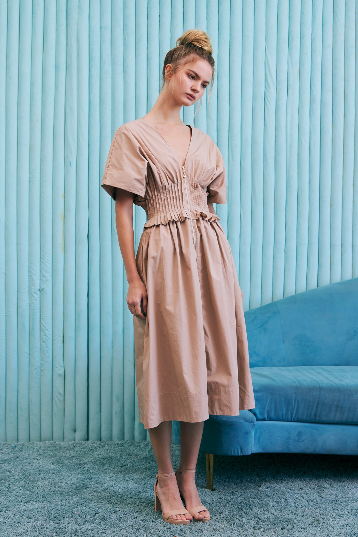 V Neck Zip Front Solid Poplin Midi Dress