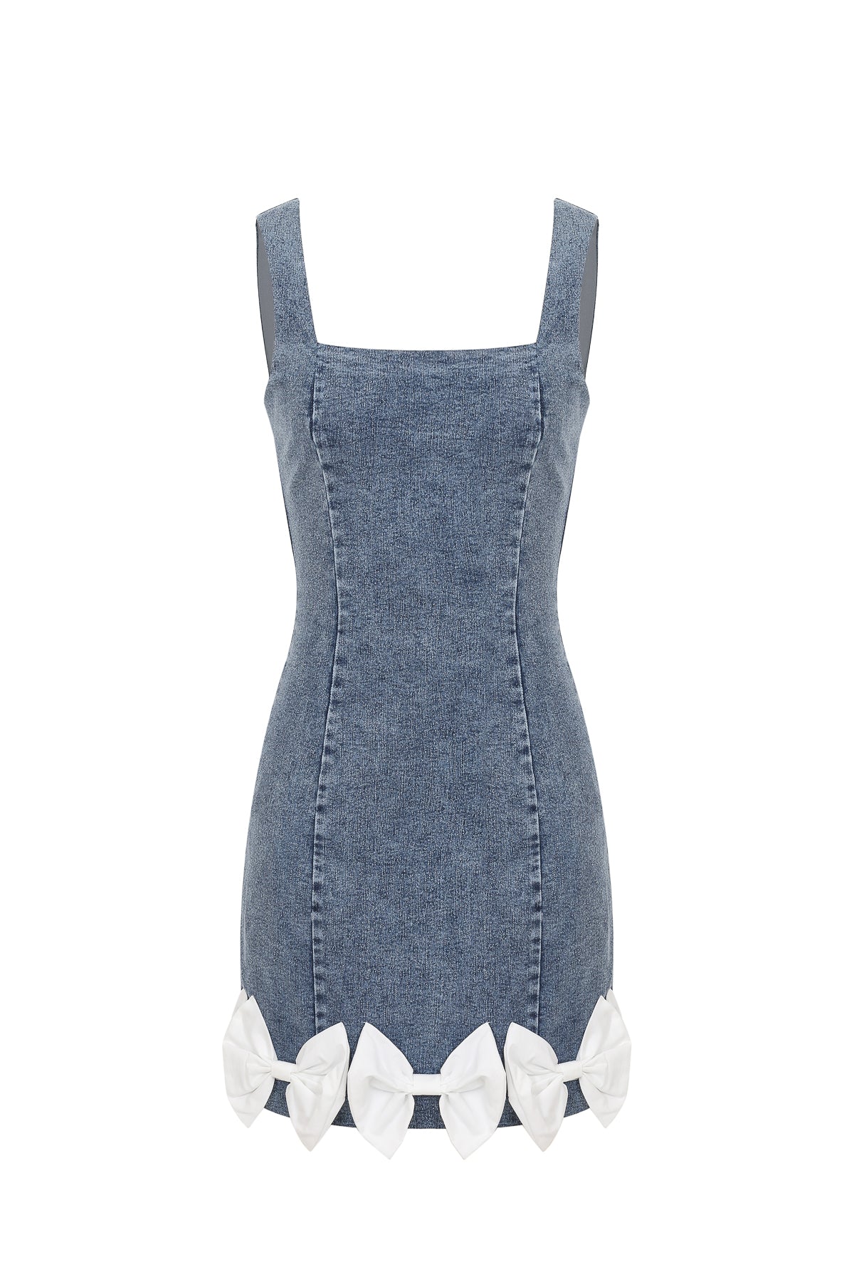 Denim Square-neck Mini Dress with Bow Trim