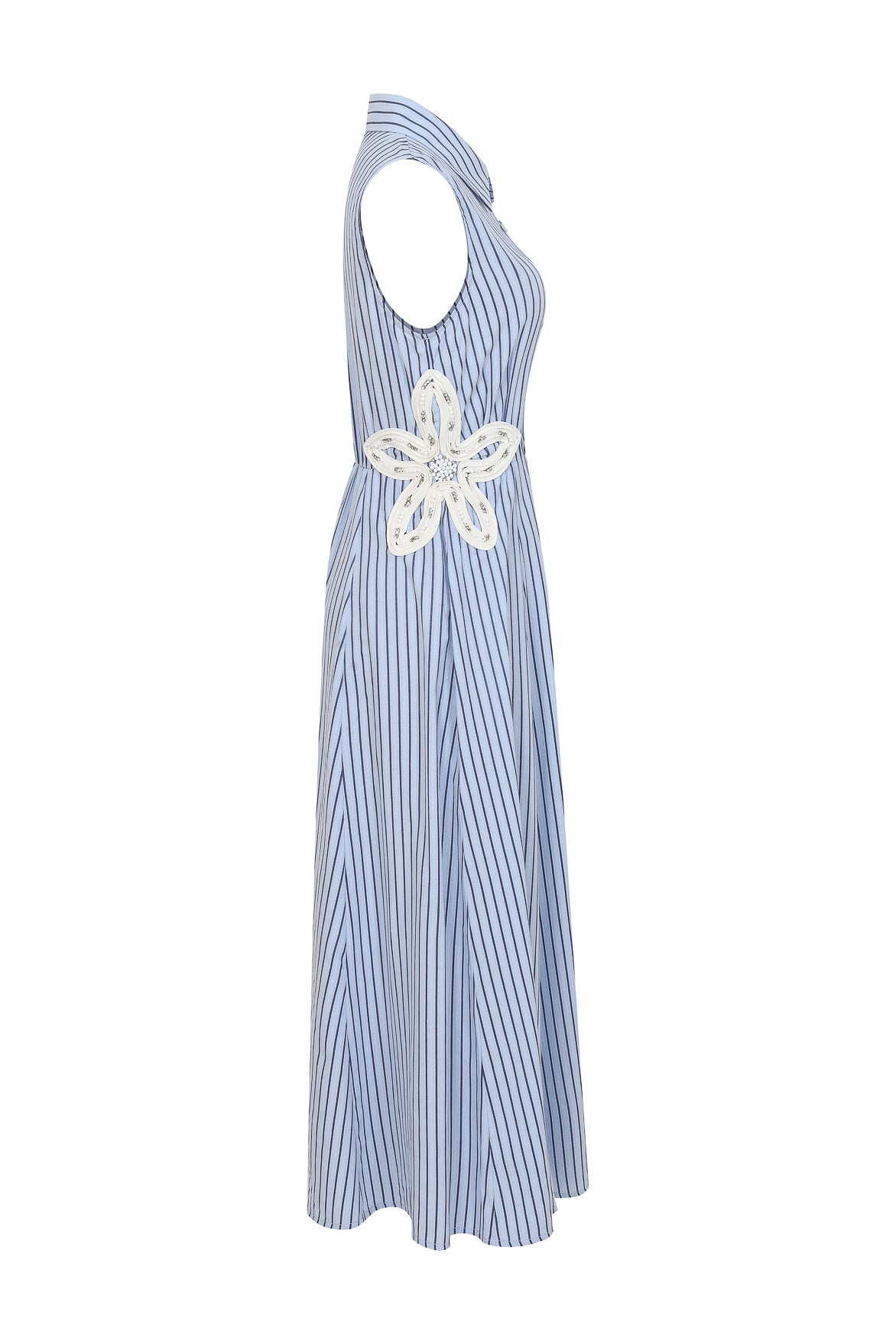 Silk Line Stripe Shirt Midi Dress with Embroidered Cutout