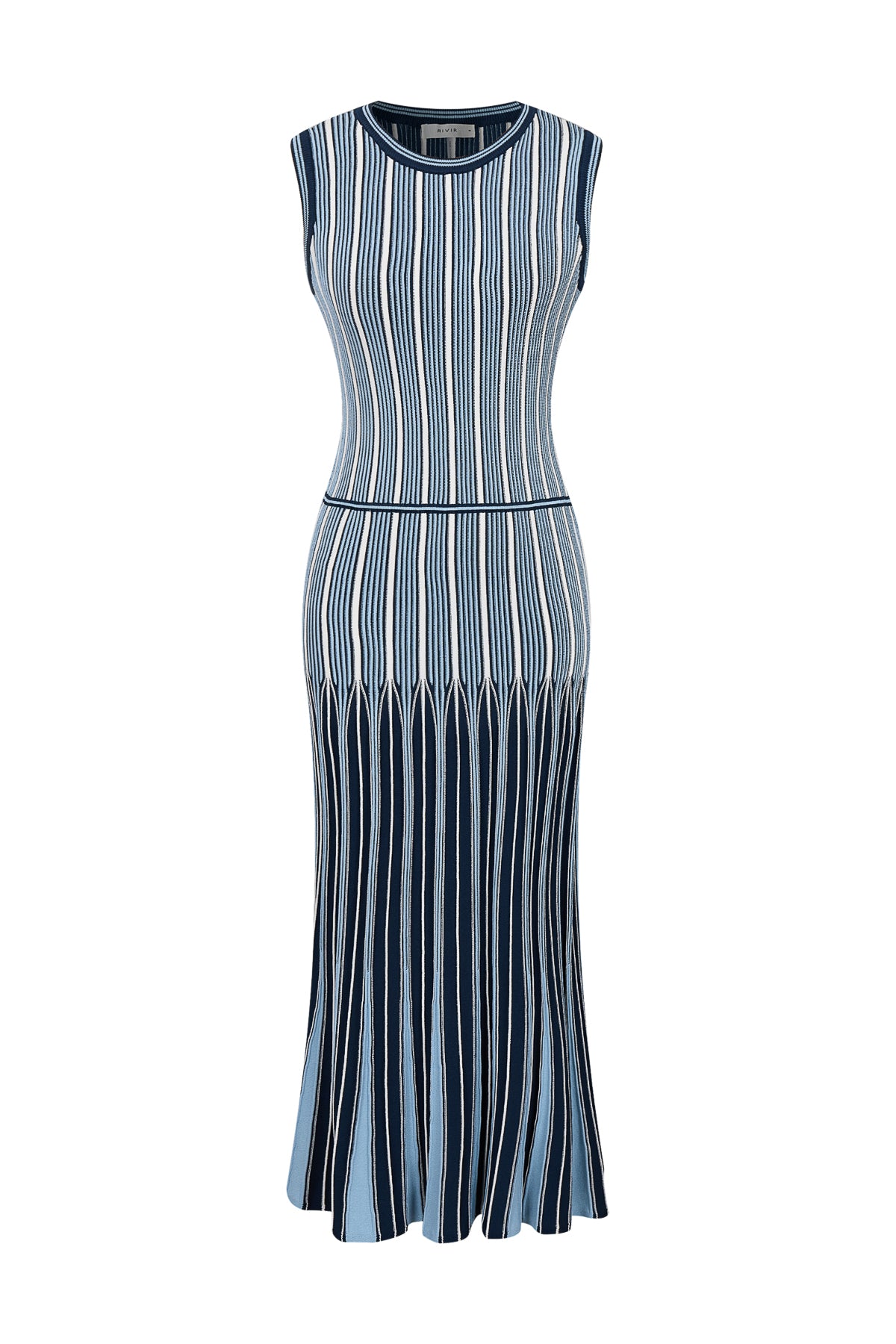 Pinstripe Knit Godet Sleeveless Midi Dress