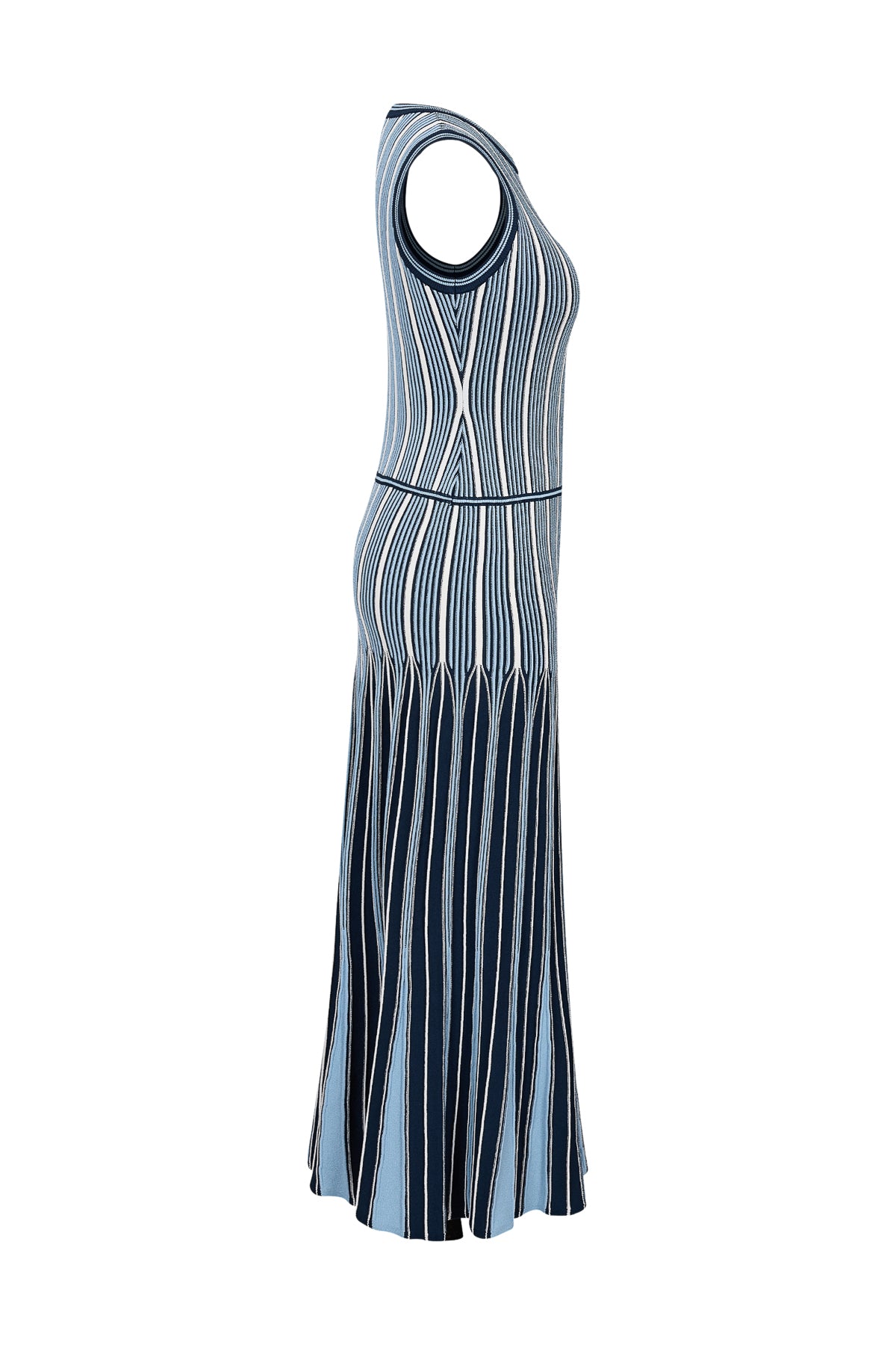 Pinstripe Knit Godet Sleeveless Midi Dress