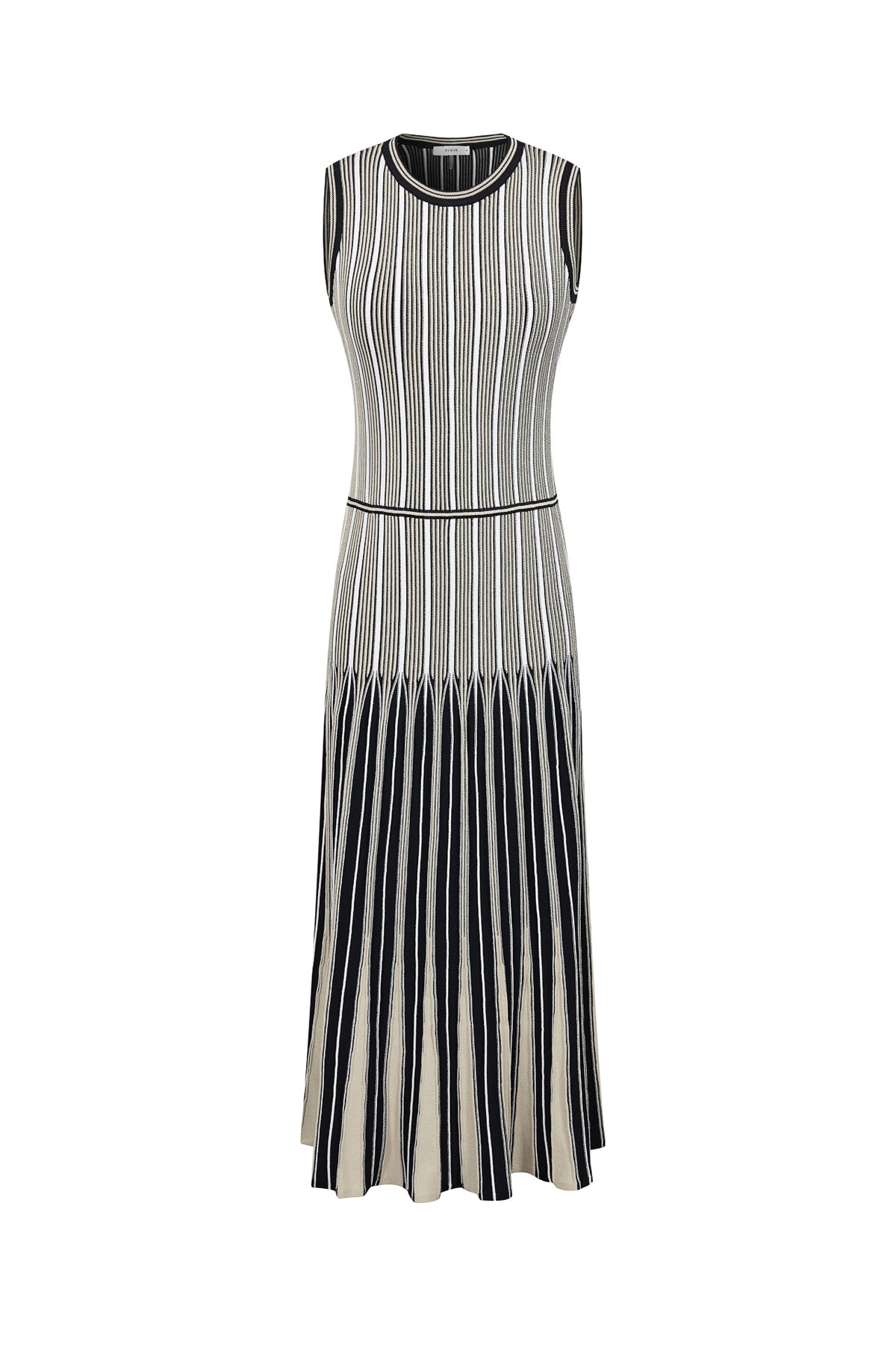 Pinstripe Knit Godet Sleeveless Midi Dress