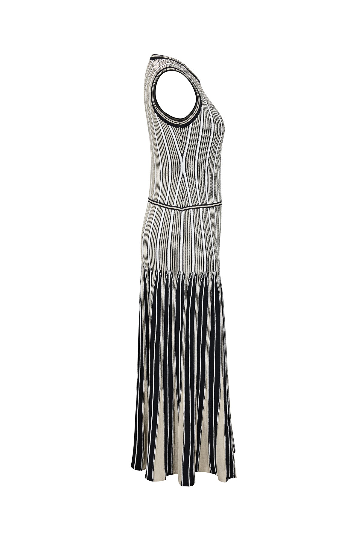Pinstripe Knit Godet Sleeveless Midi Dress