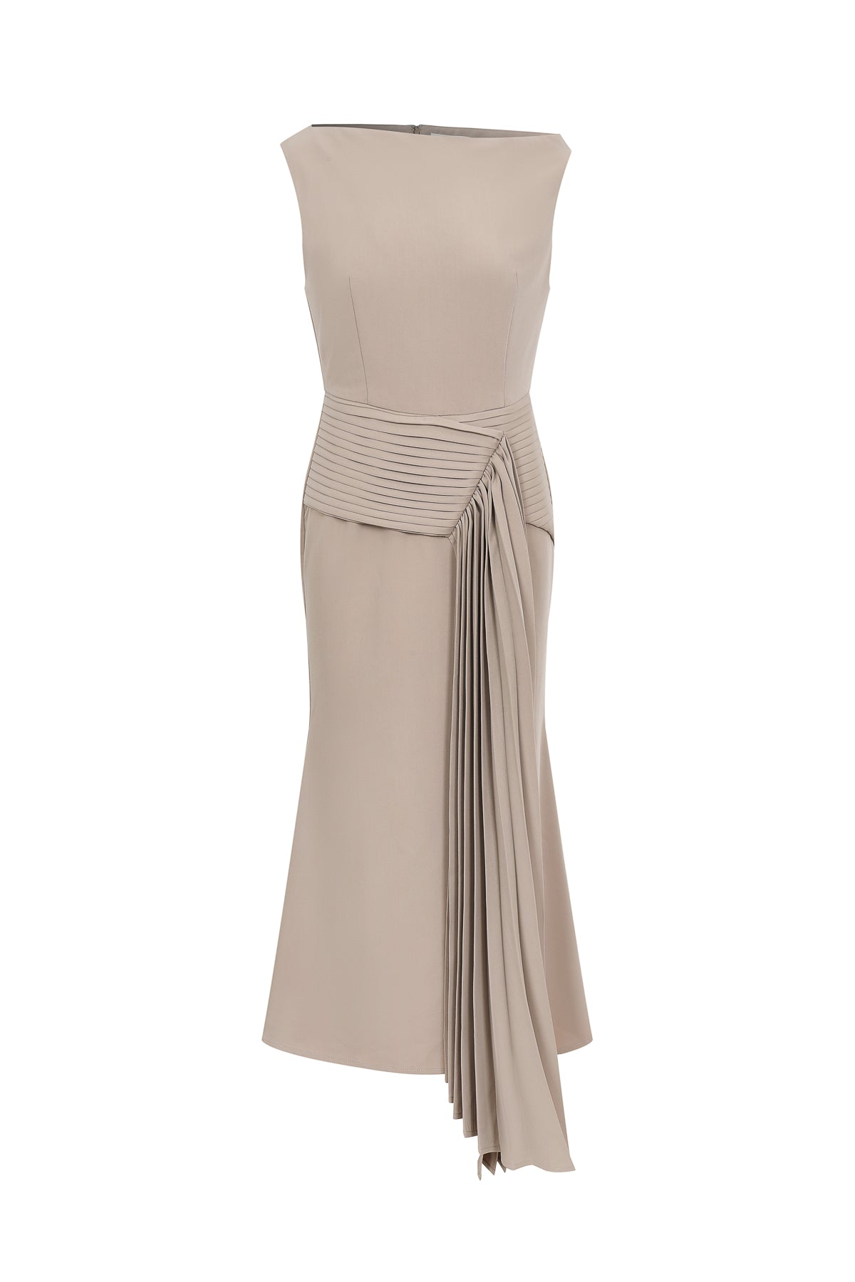 Woven Asymmetrical Midi Dress with Pleated Waist Tie Detail