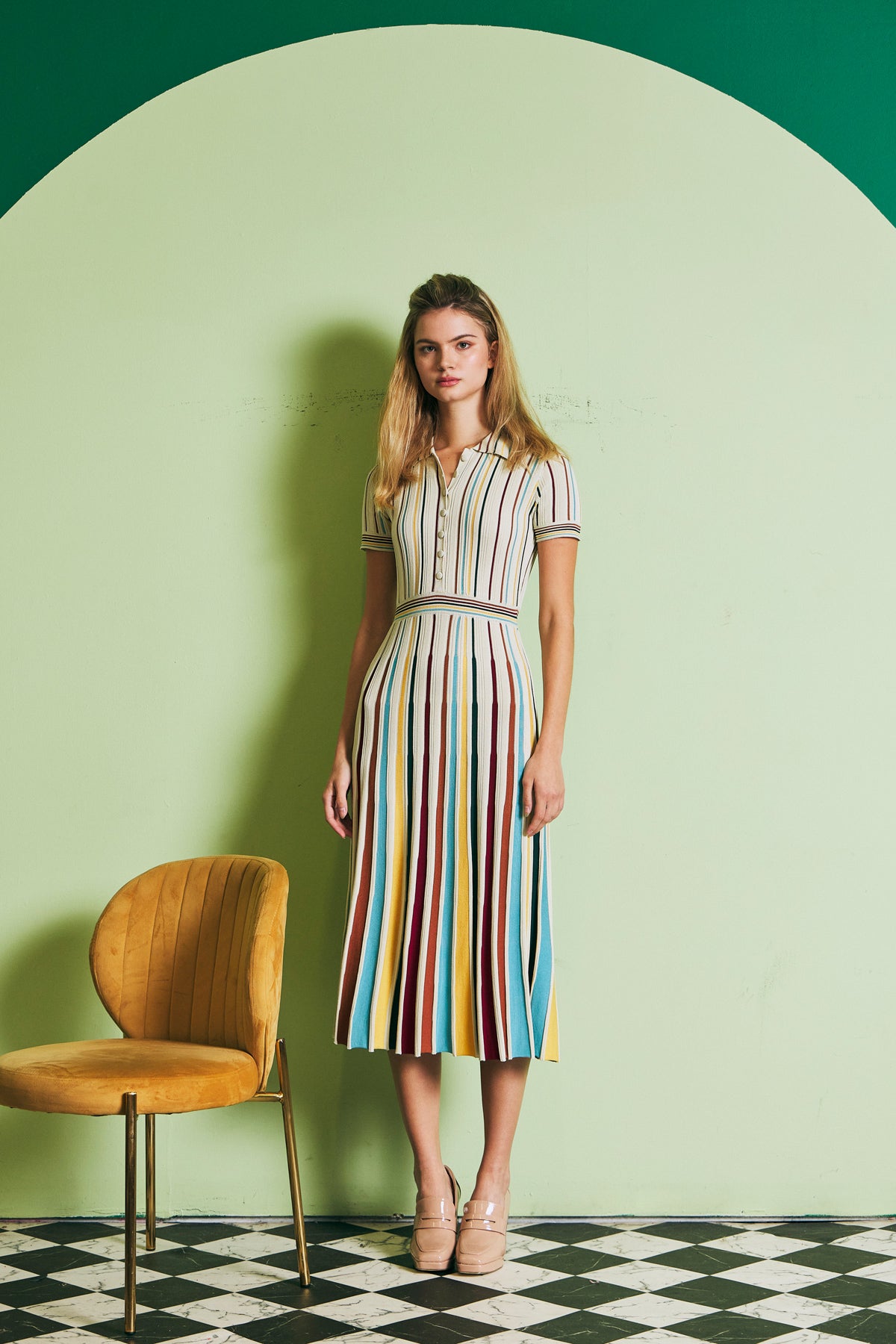 Knit Short Sleeve Midi Dress with Multi Pinstripes