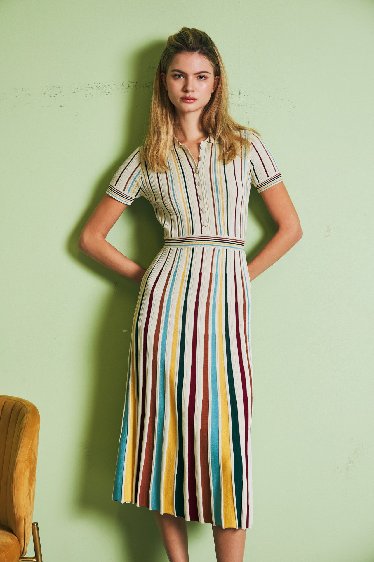 Knit Short Sleeve Midi Dress with Multi Pinstripes