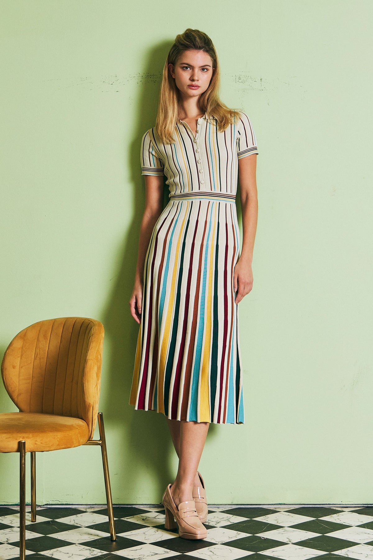 Knit Short Sleeve Midi Dress with Multi Pinstripes
