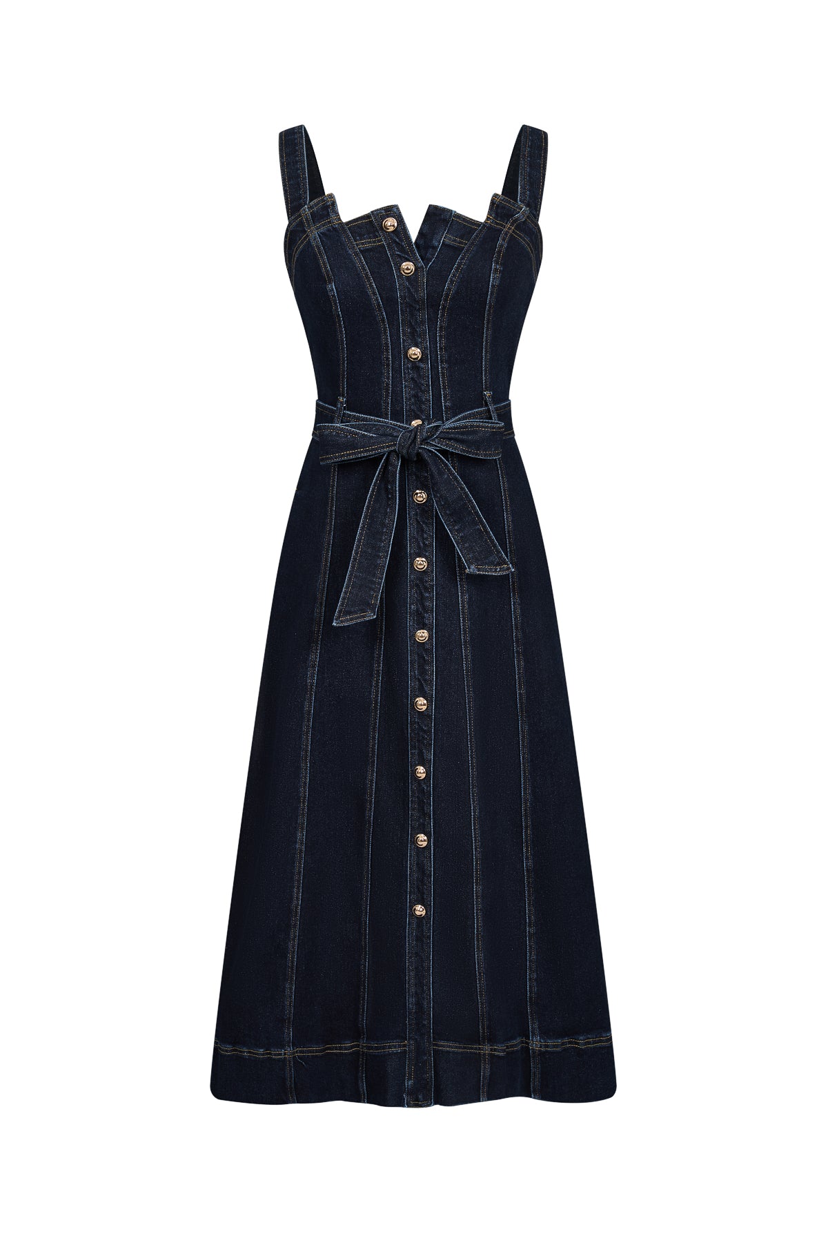 Heloise Denim Slvls Button Down Midi Dress With Waist Tie
