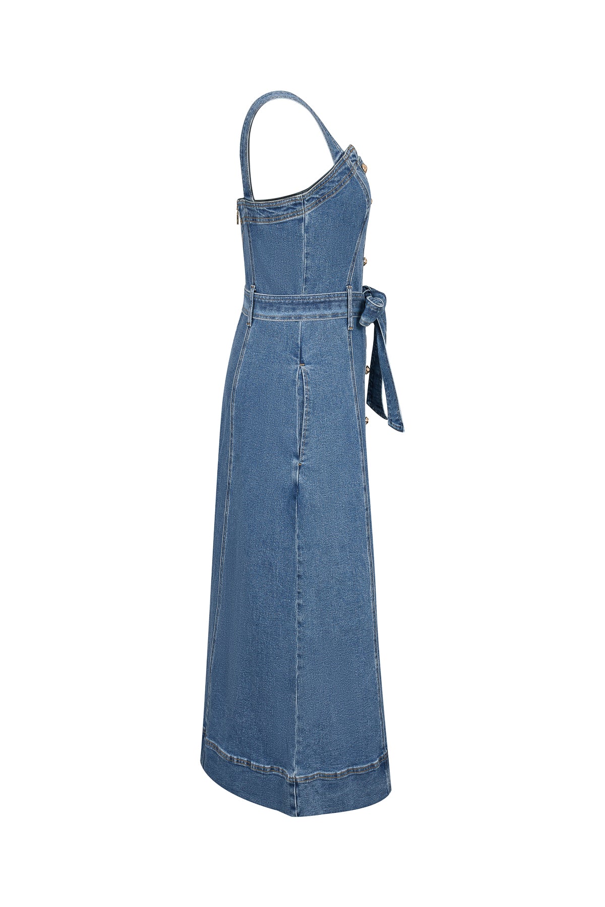 Heloise Denim Slvls Button Down Midi Dress With Waist Tie