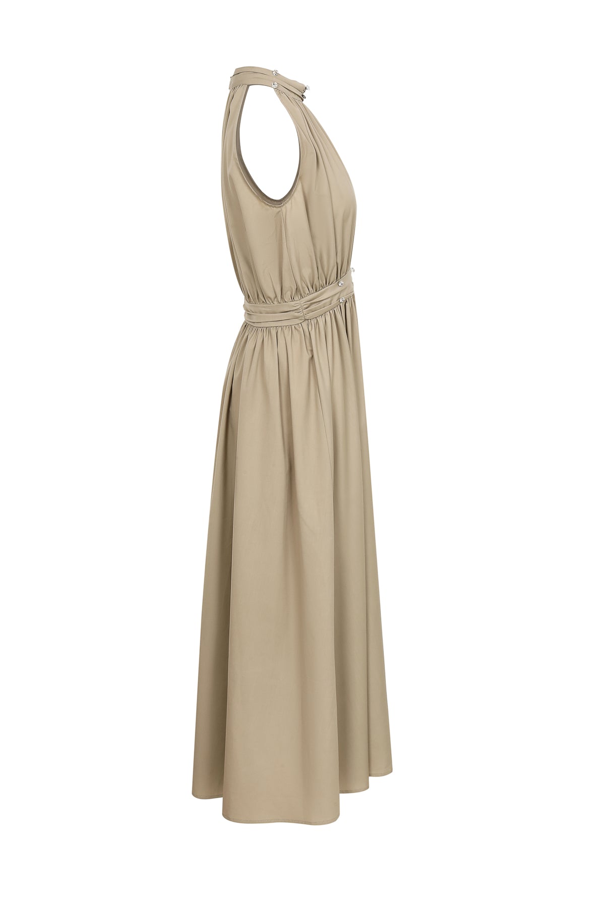 Woven Sleeveless Midi Dress with Ruched Waist Band