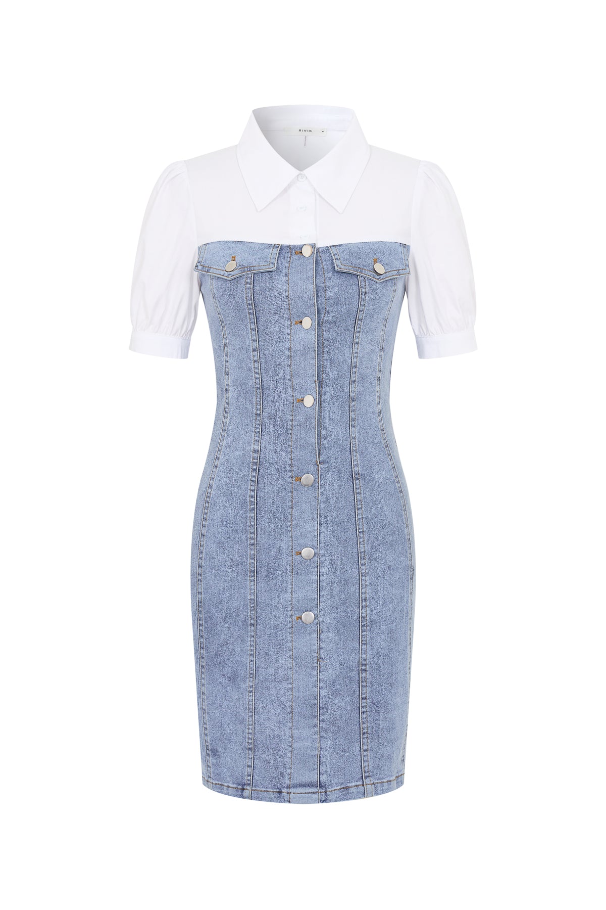 Evie Denim Short Sleeve Dress with Woven Contrast