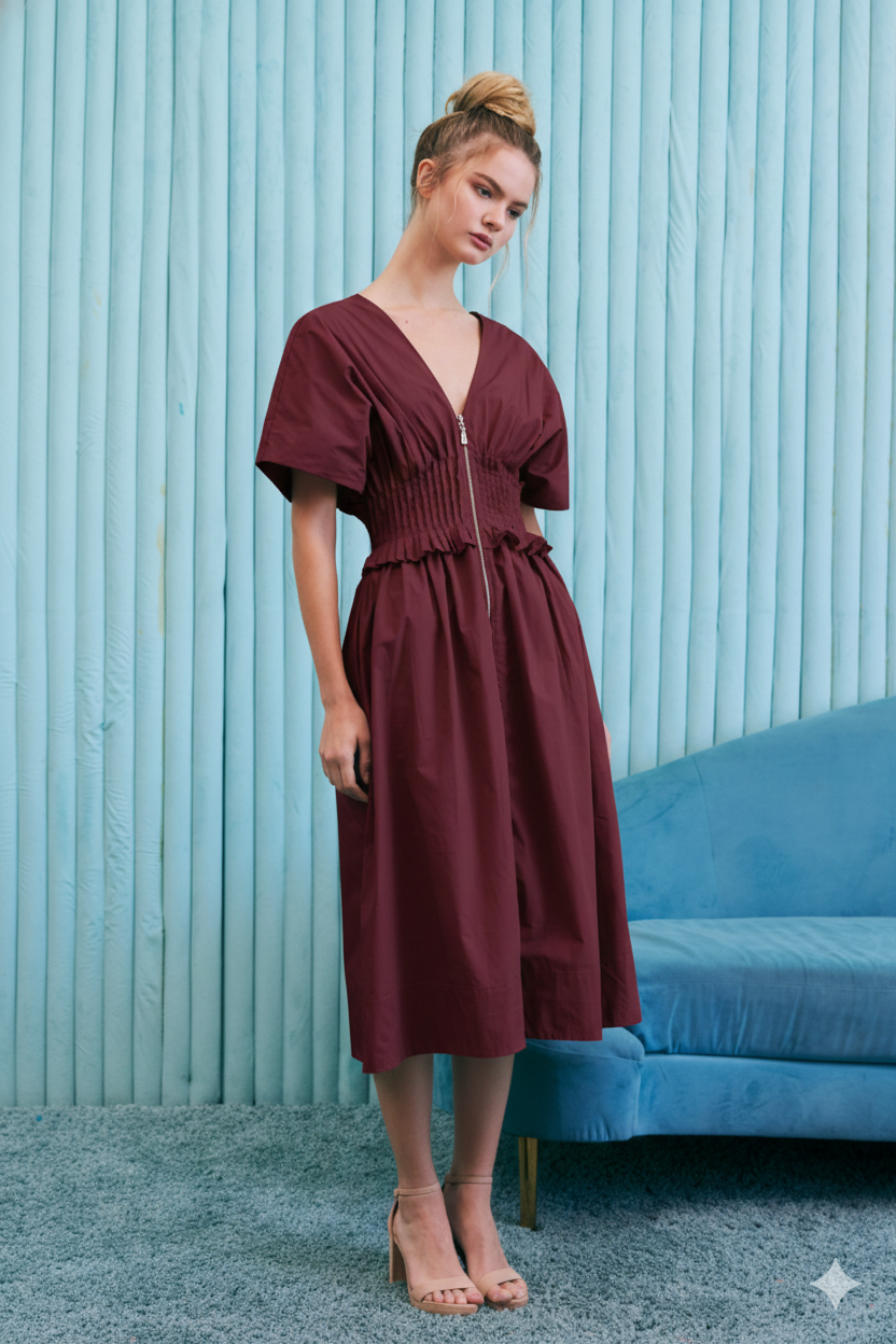 V Neck Zip Front Solid Poplin Midi Dress