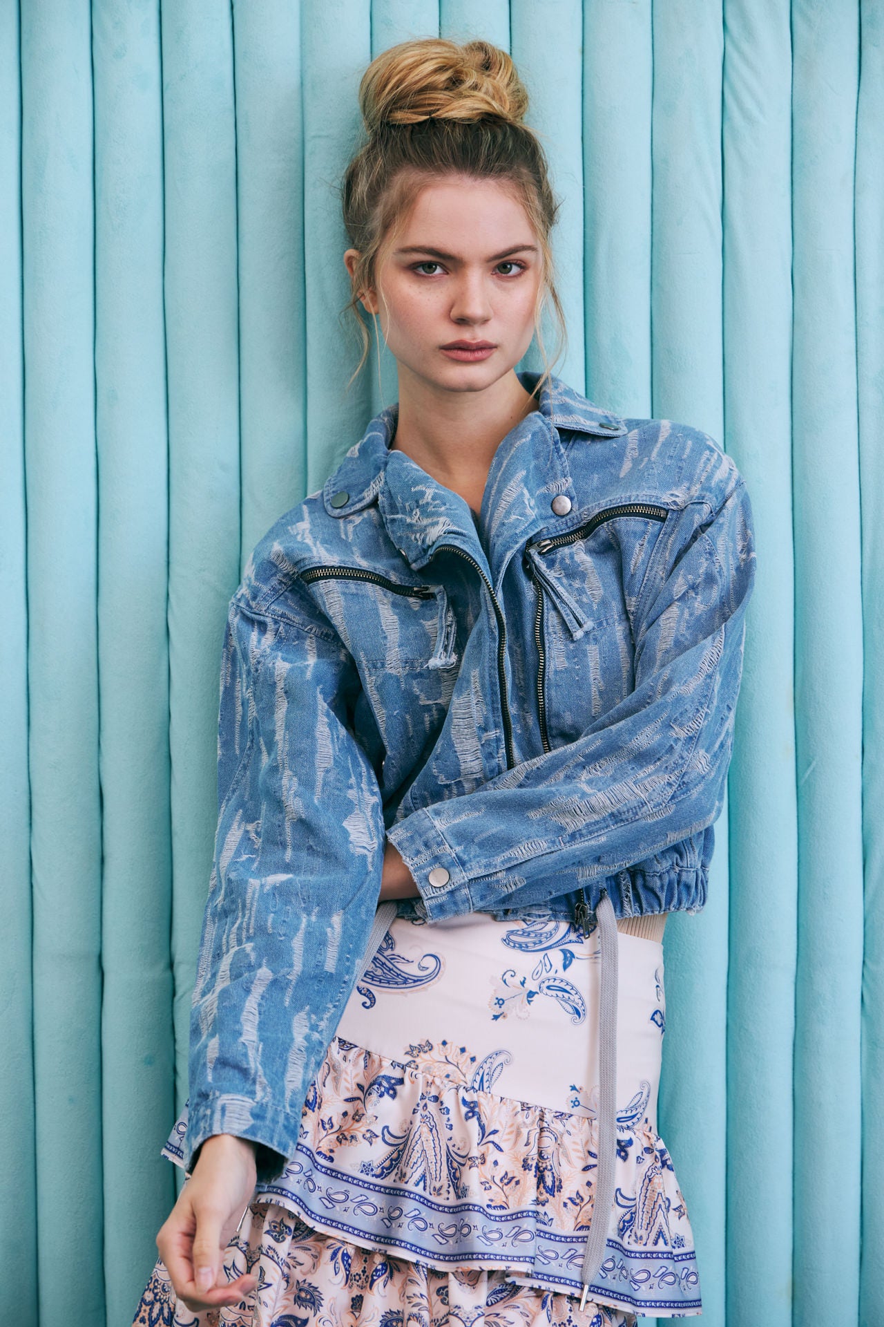 The Moto Denim Jacquard Utility Jacket